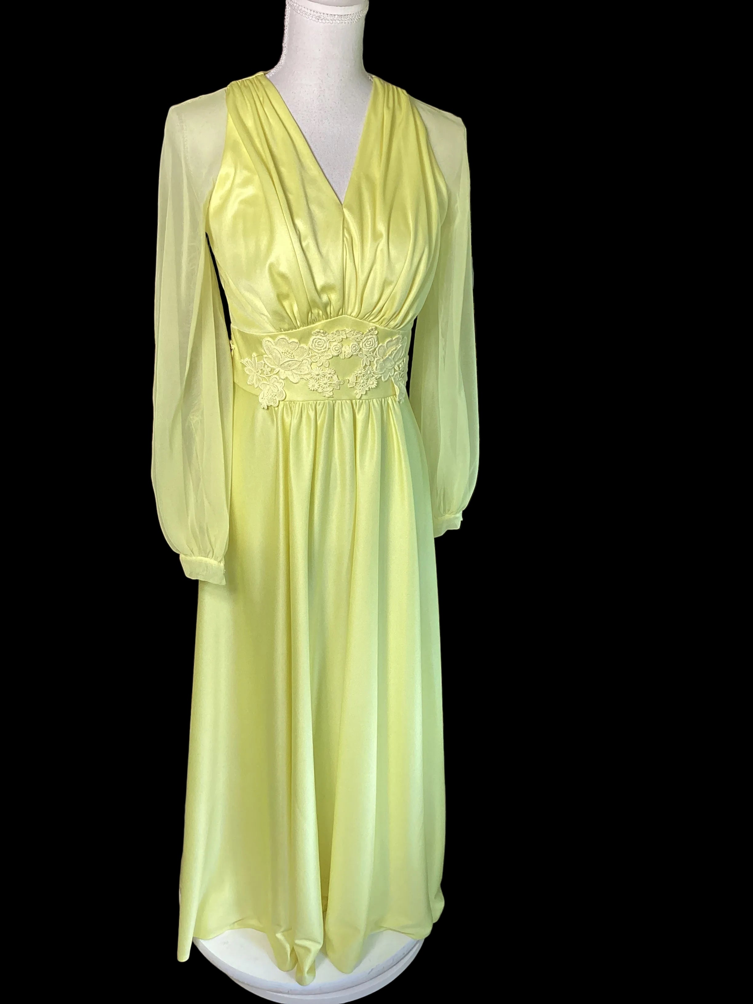 VTG 1970s Lemon Yellow Chiffon Maxi Dress