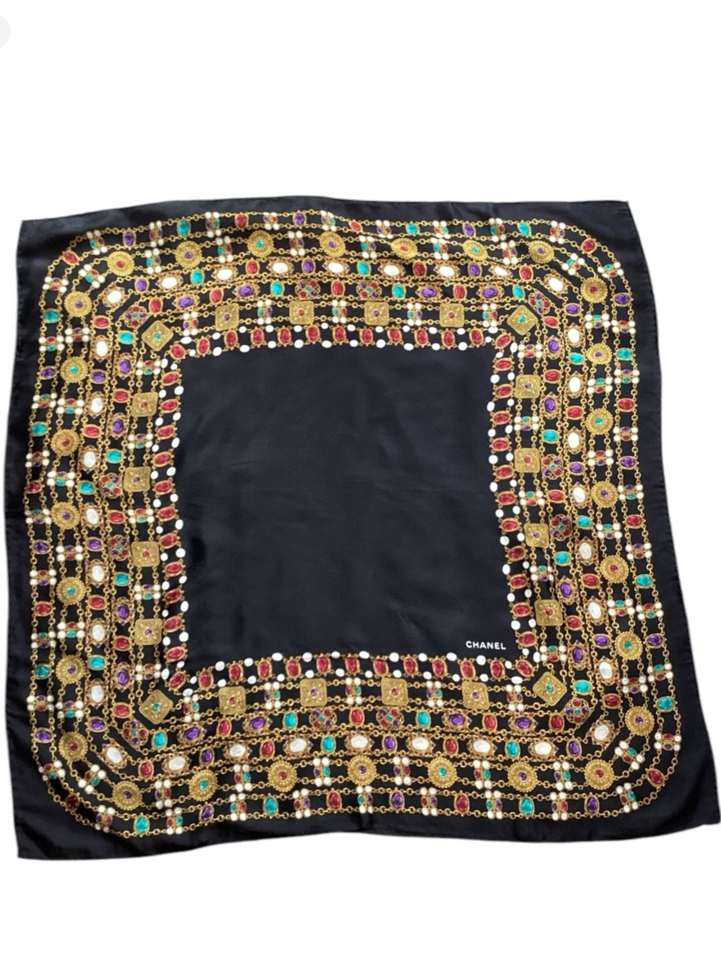 CHANEL Black & Gripoix Silk Scarf Circa 1980