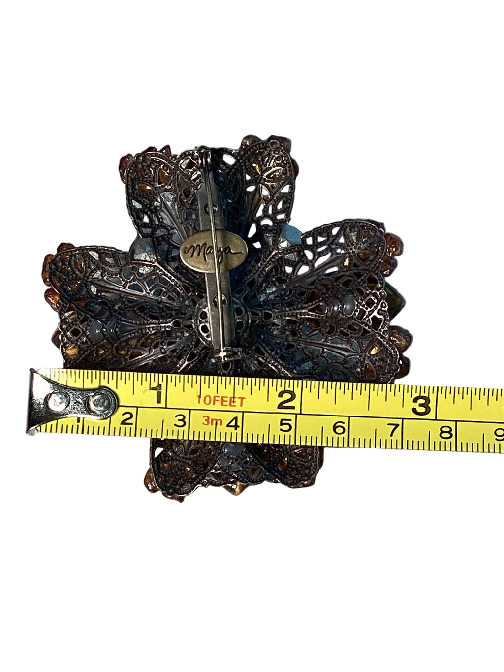 Signed Maya Evangelista Tiger Eye Maltese Cross Brooch & Clip Earrings Set