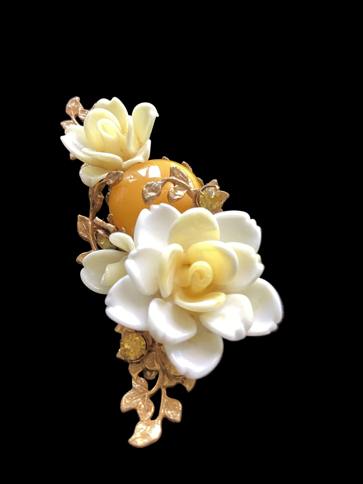 Vintage Miriam Haskell Rose & Butterscotch Cabochon Glass Brooch