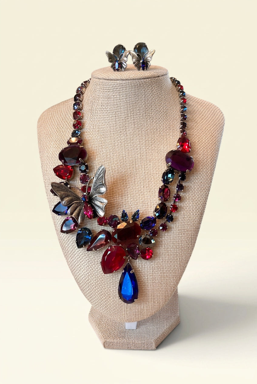 Signed Philippe Ferrandis Paris, Couture Jewel Tone Butterfly Necklace & Earrings Set