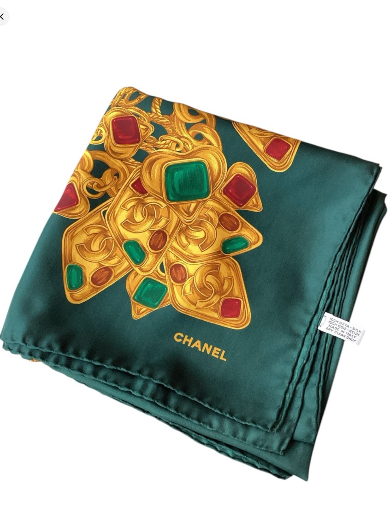CHANEL Circa 1980's Green & Gripoix Silk Scarf