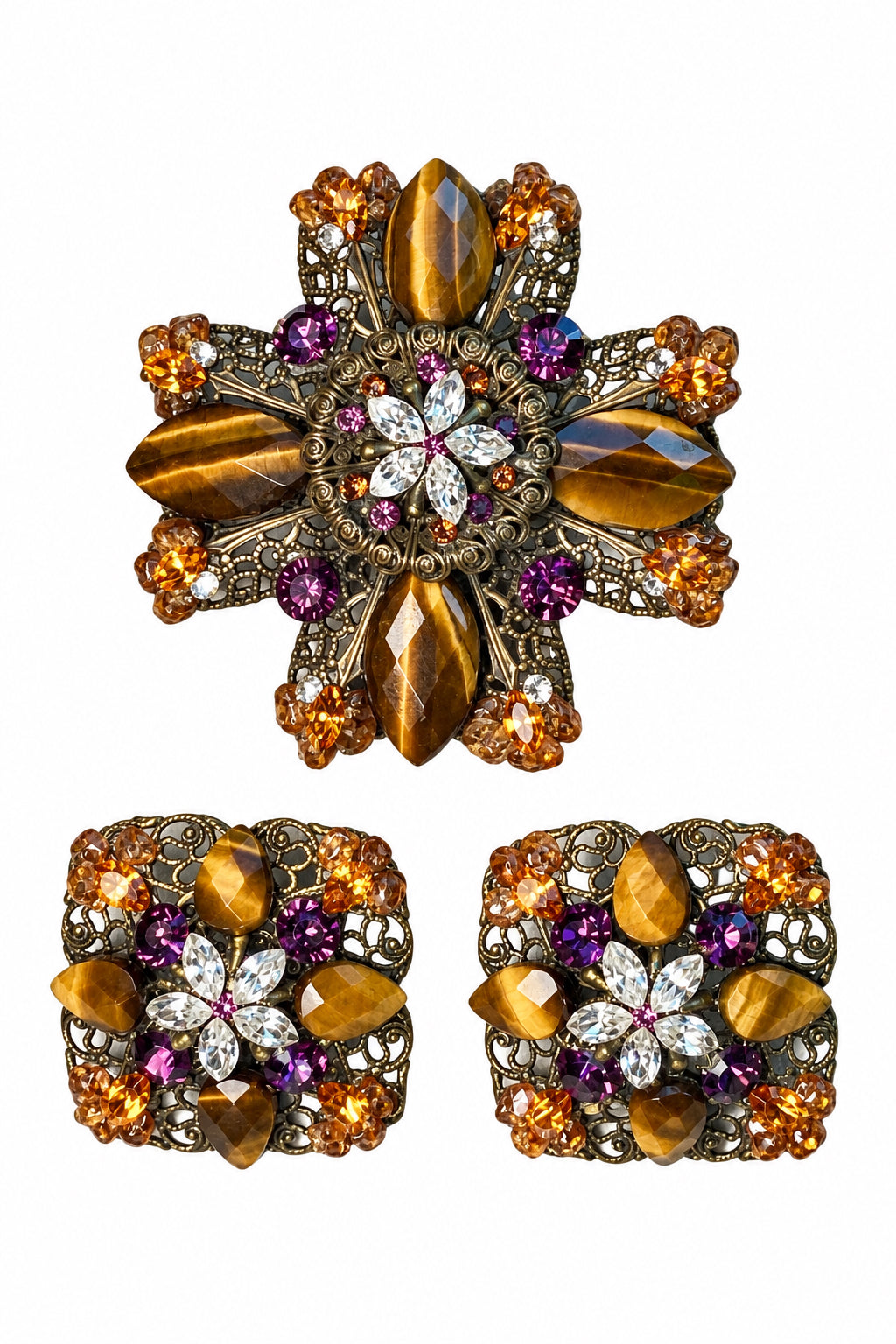 Signed Maya Evangelista Tiger Eye Maltese Cross Brooch & Clip Earrings Set