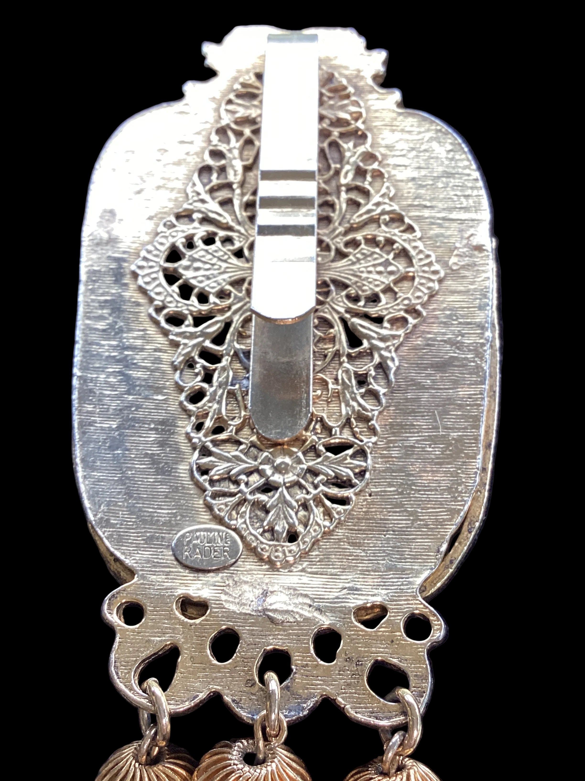 Circa 1960 Pauline Rader Etruscan Pouch Pendant Necklace & Matching Tassel Brooch Runway Couture Set