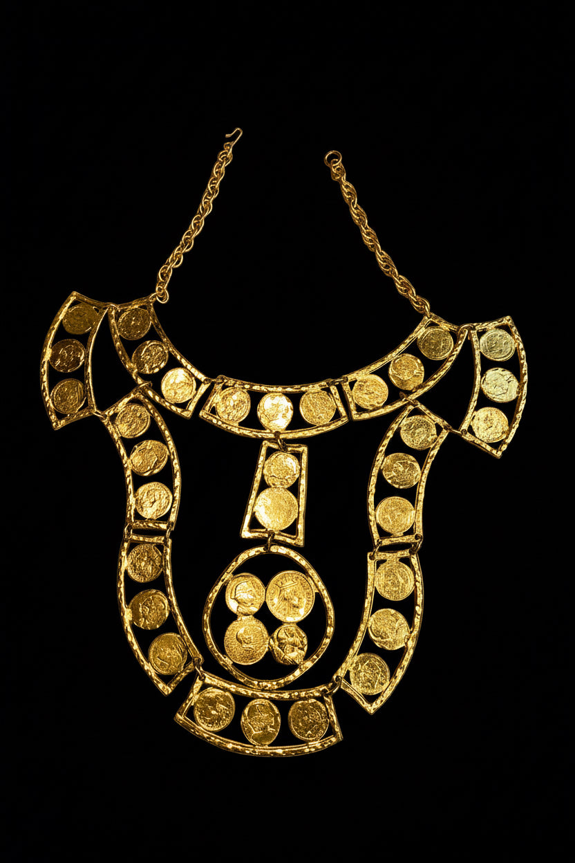 Rare & Incredible Circa 1960 Kenneth Lane Gold Plated Coin Bib Necklace