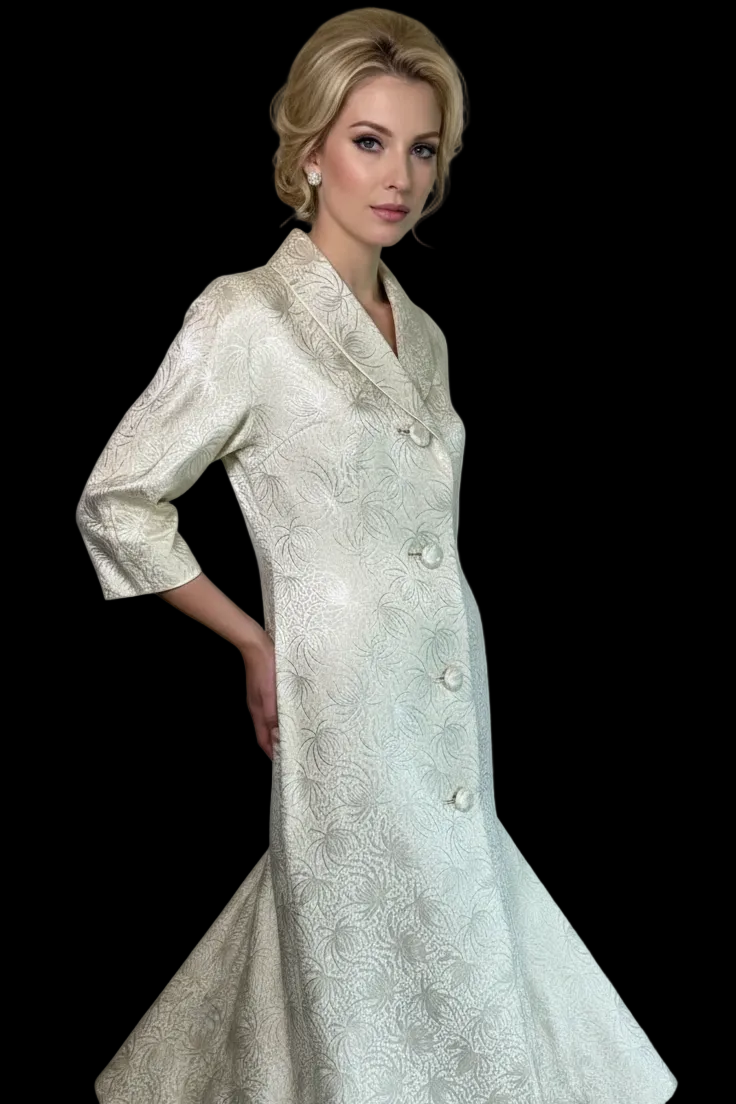 Pristine Vintage 1960s Metallic Silver & Ivory Silk Brocade Floor-Length Opera/Evening Coat