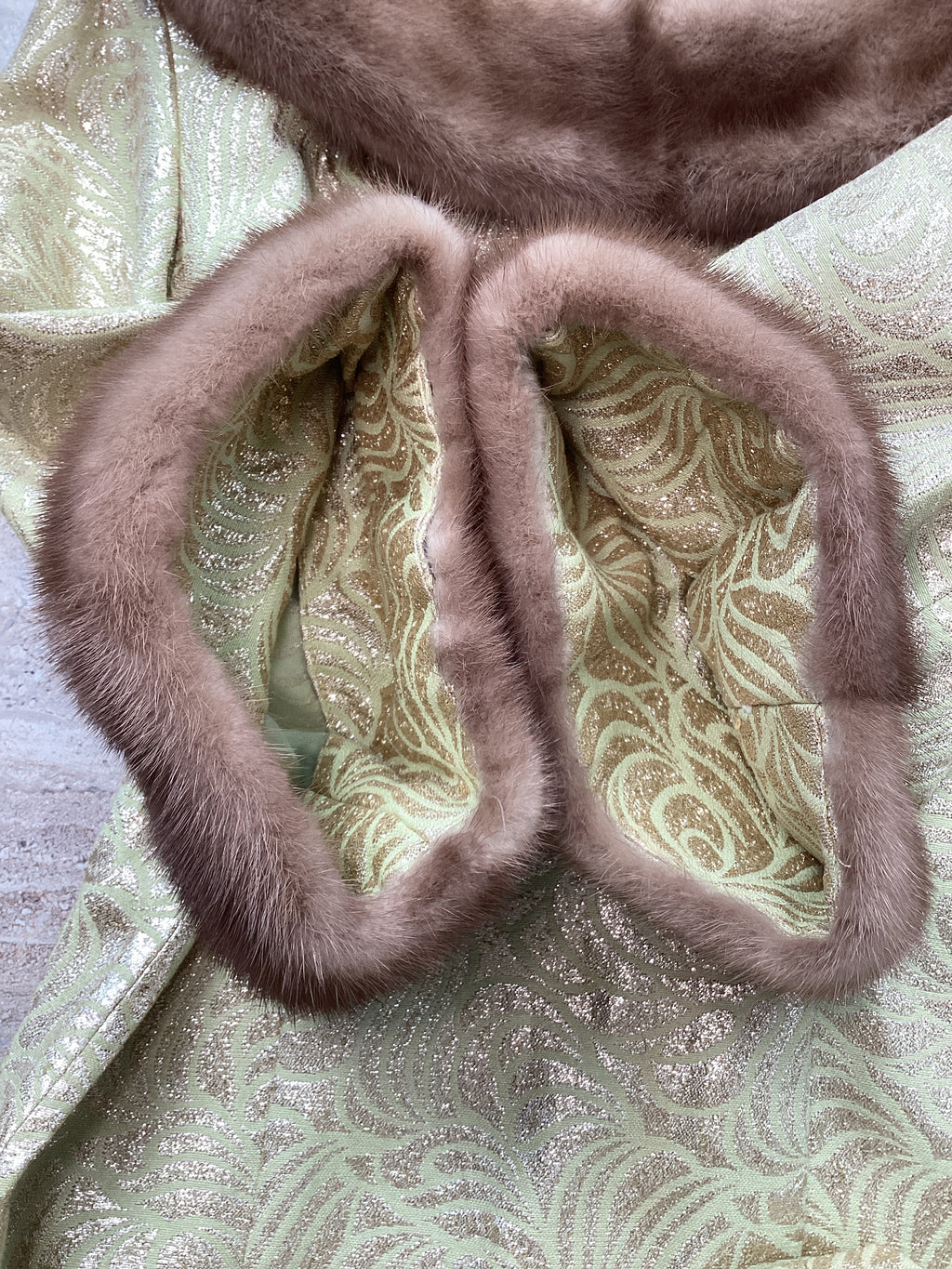 Vintage 1960s Malouf Design Perfect Negligee Hostess Gown - Pale Lime & Gold Metallic Brocade Lamé
with Pristine Mink Fur Portrait Collar & Cuffs