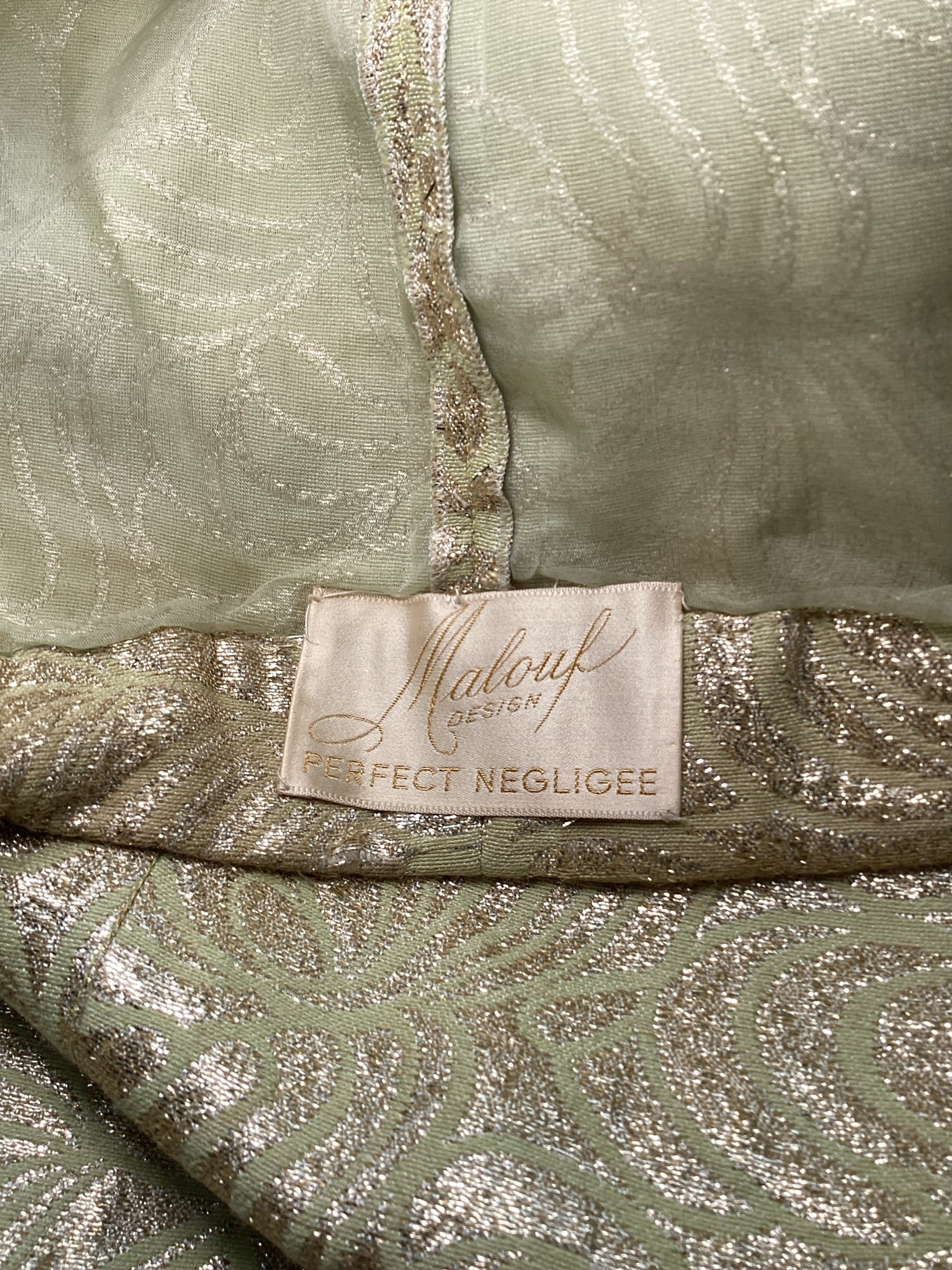 Vintage 1960s Malouf Design Perfect Negligee Hostess Gown - Pale Lime & Gold Metallic Brocade Lamé
with Pristine Mink Fur Portrait Collar & Cuffs