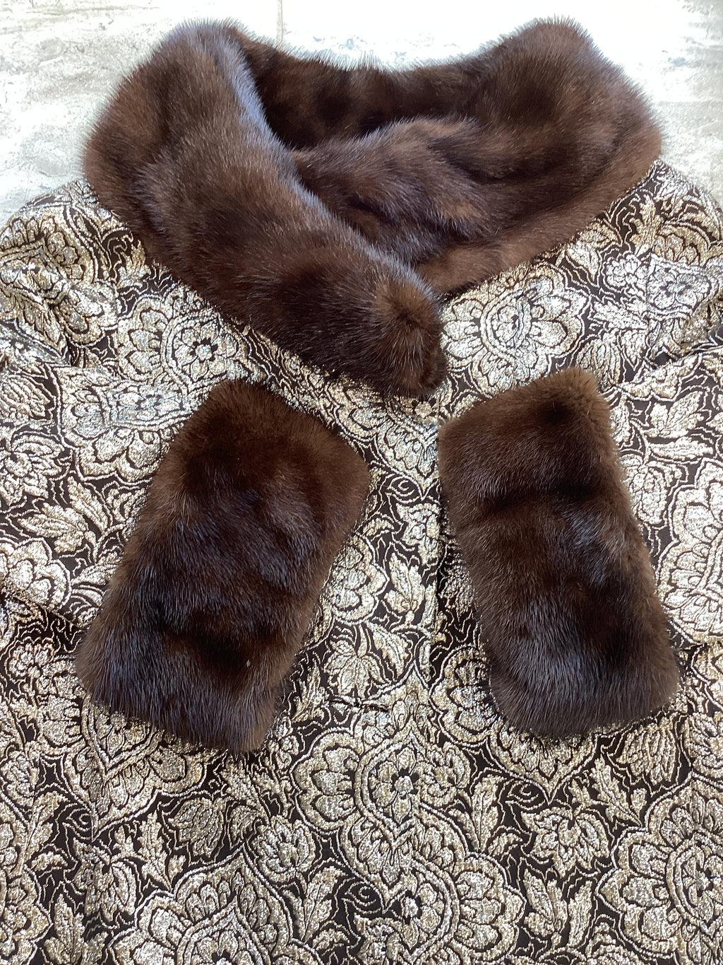 Vintage 1960s Custom Couture Brocade Shift Coat, Mahogany Mink Fur Collar & Cuffs