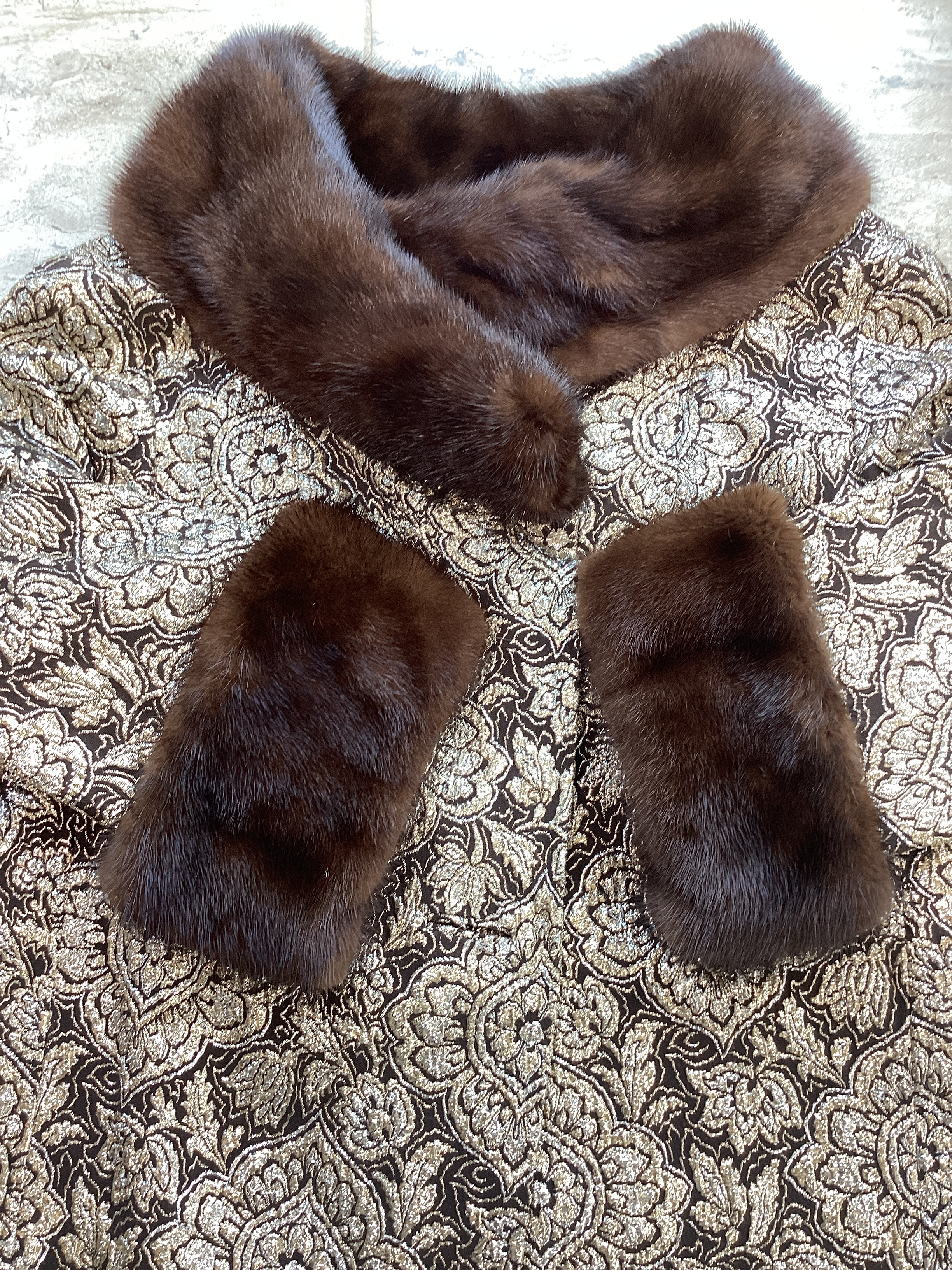 Vintage 1960s Custom Couture Brocade Shift Coat, Mahogany Mink Fur Collar & Cuffs