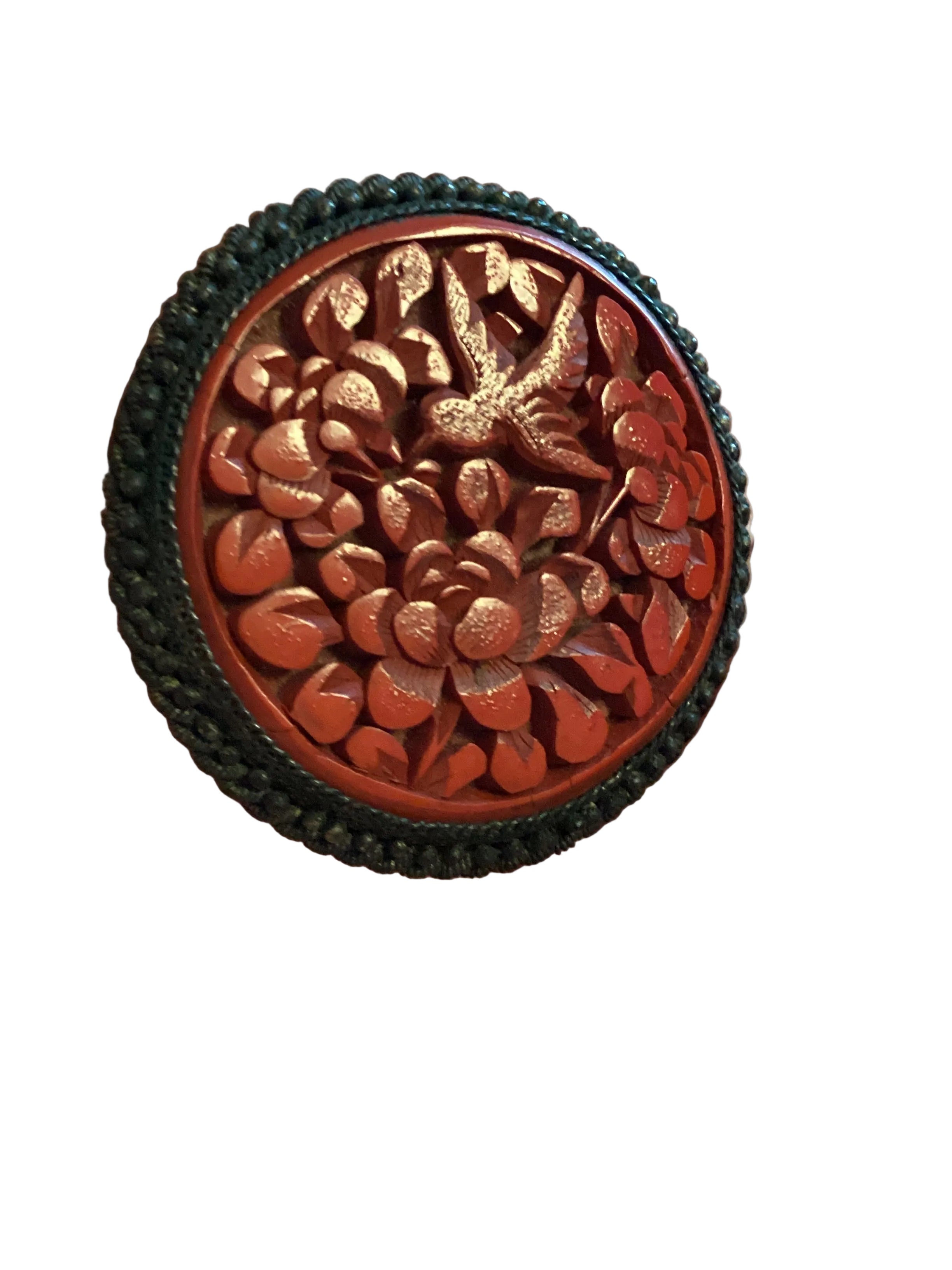 Antique 1920s Chinese Export Carved Cinnabar Dress/Fur Clip, Art Deco Bird & Peony Flower