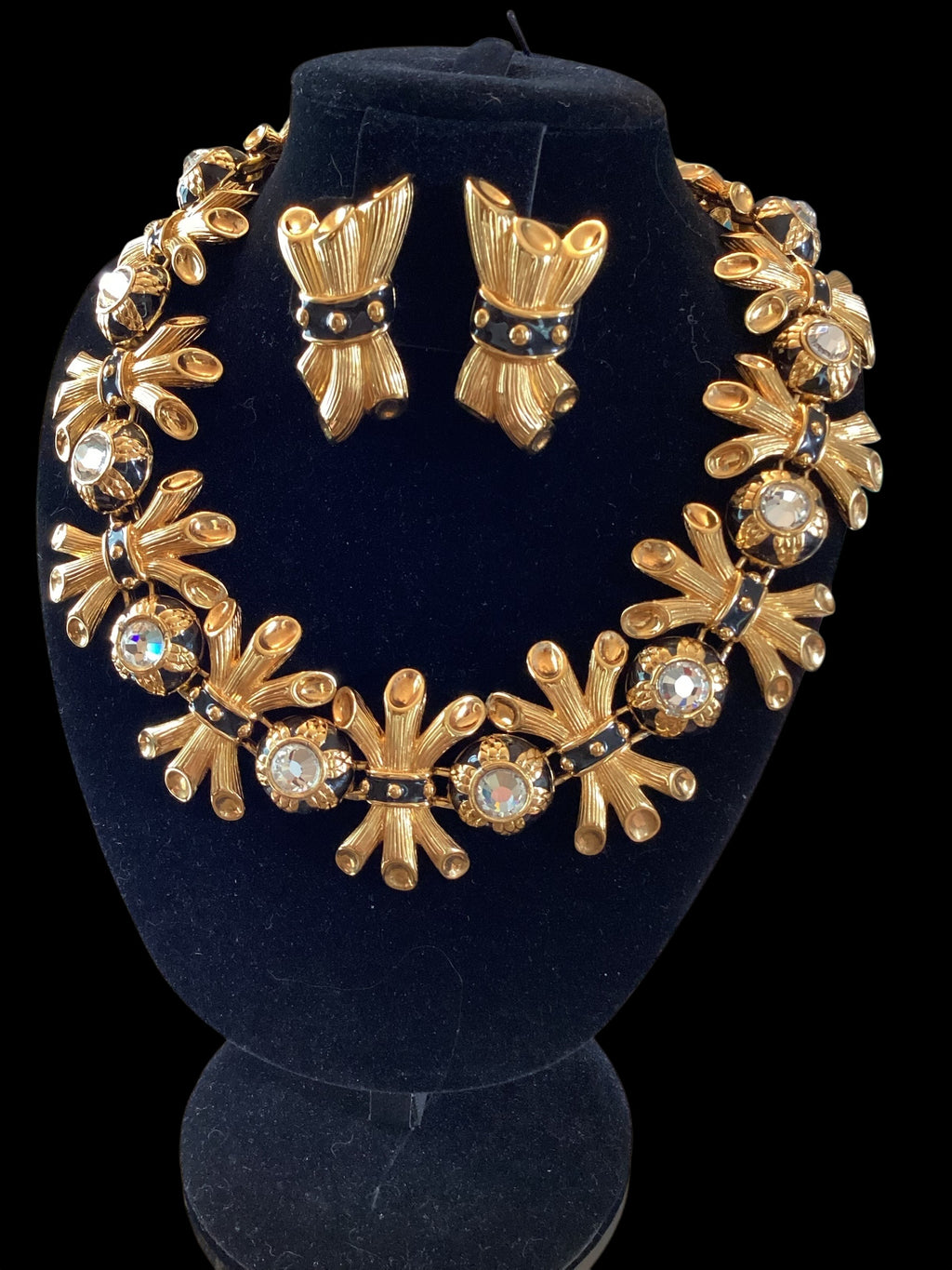 Vintage Fendi Gold-Plated Black Enamel Collar Necklace and Earring Parure