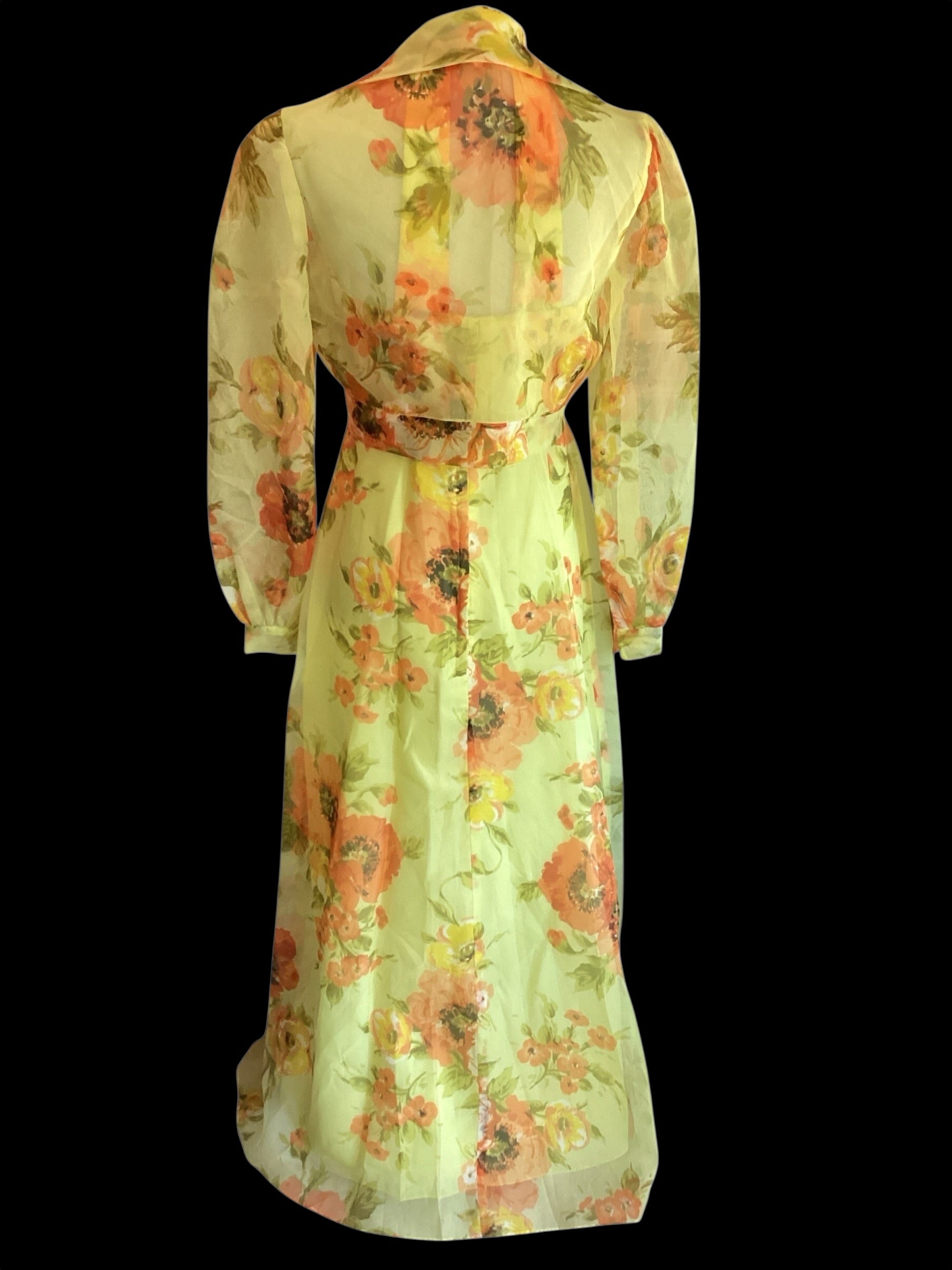Vintage 1970s Floral Chiffon Maxi Dress | Sheer Bishop Sleeve Boho Prairie Gown