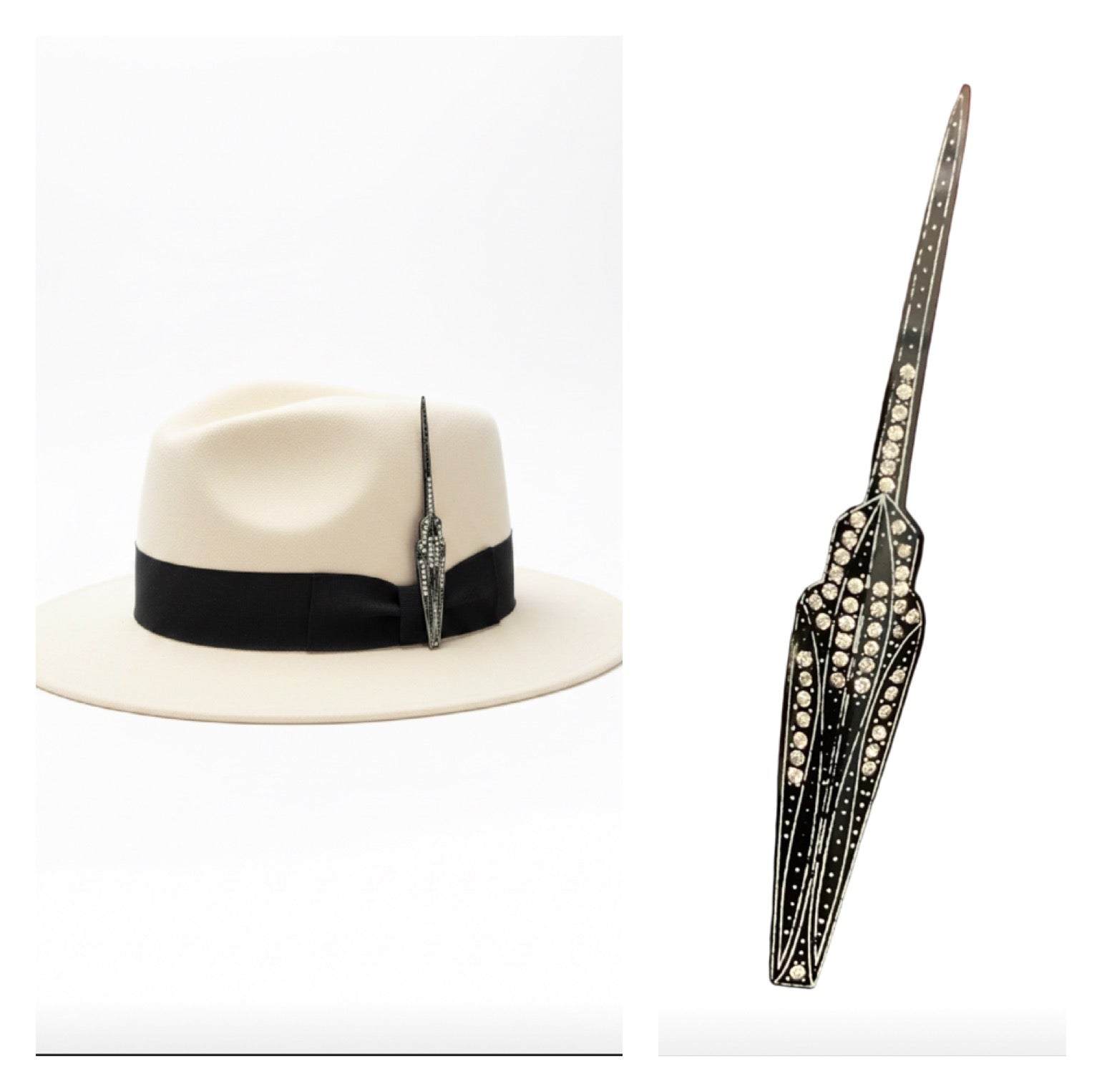 Vintage 1920s Art Deco Black Celluloid Jabot Pin - Elongated Geometric Bar Brooch with Rhinestones