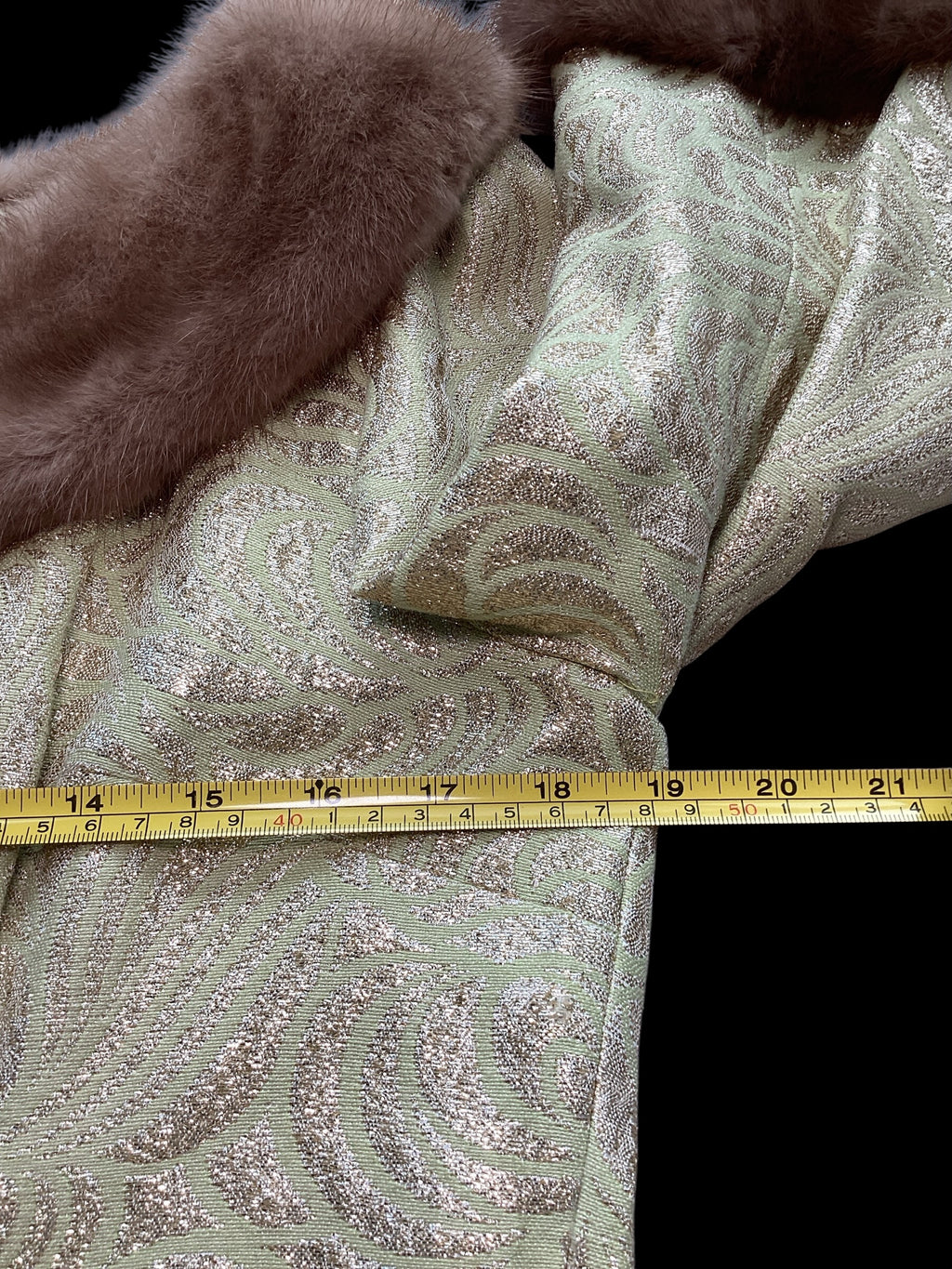 Vintage 1960s Malouf Design Perfect Negligee Hostess Gown - Pale Lime & Gold Metallic Brocade Lamé
with Pristine Mink Fur Portrait Collar & Cuffs