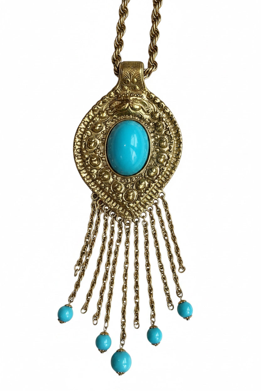 1970 Cadoro Etruscan Revival Turquois Pendant Necklace