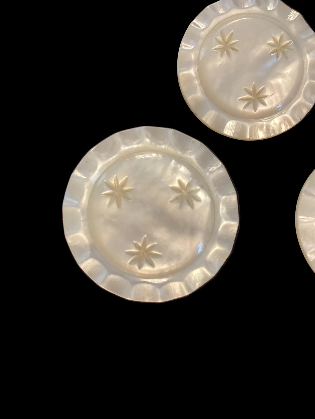 Antique Carved Mother of Pearl Sweetheart Pins Set of 3 Star Pattern Scalloped Edge C-Clasp Pre-1910