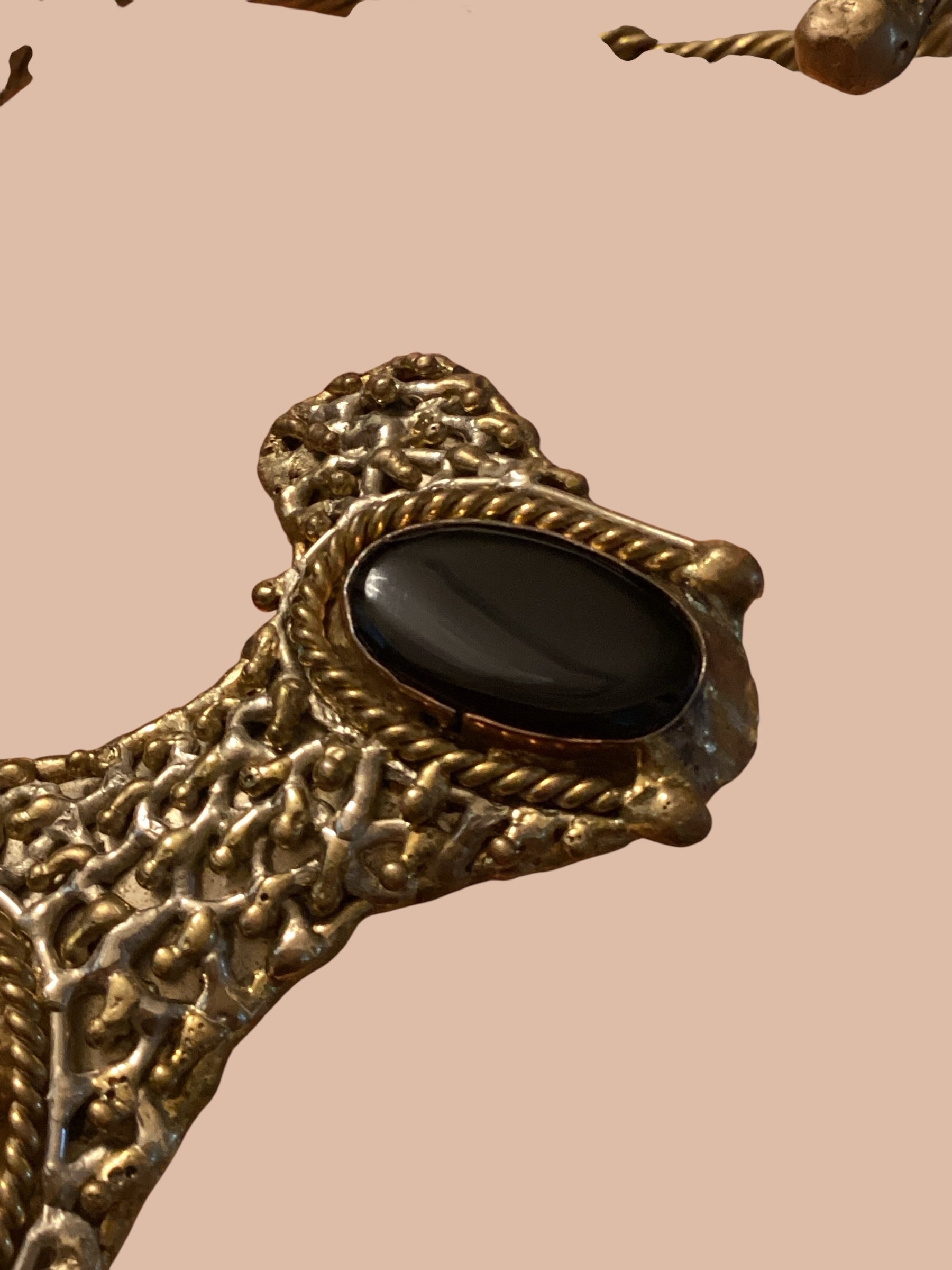 1960s Mexican Brutalist Brass & Onyx Handcrafted Collar Necklace