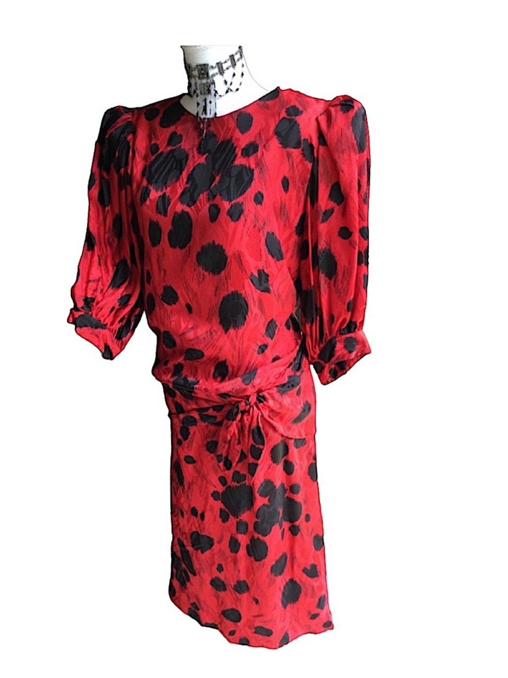 Vintage 1980's Flora Kung Red & Black Silk Dress