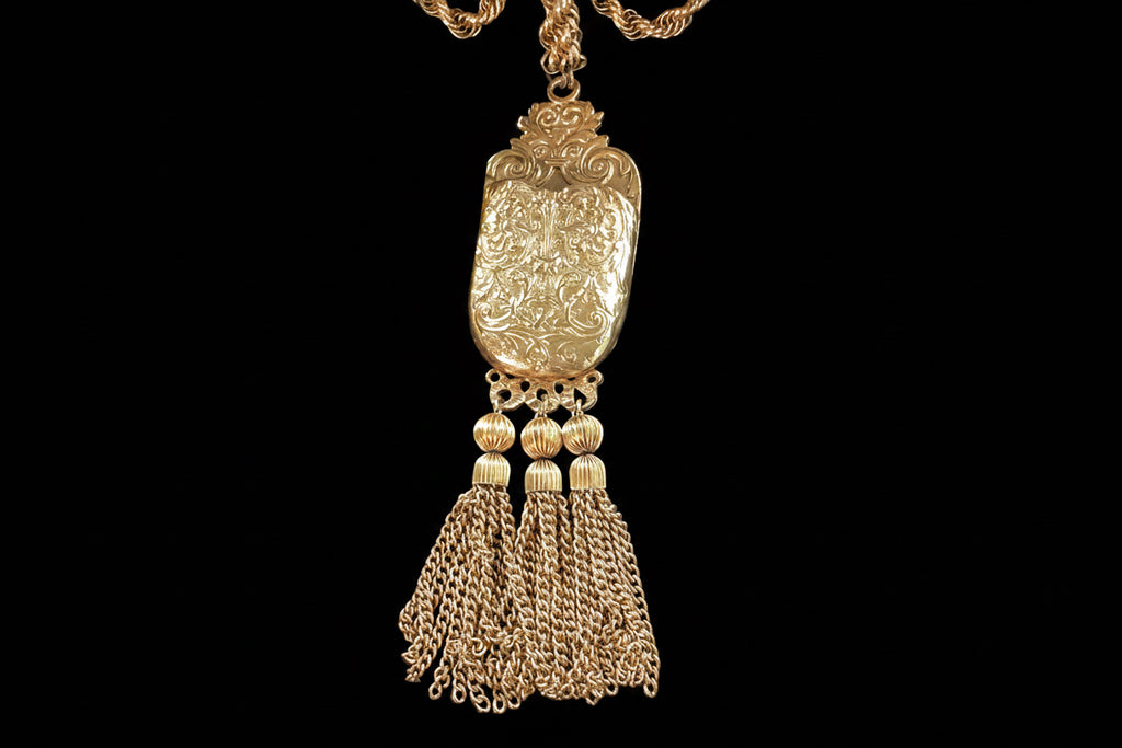 Circa 1960 Pauline Rader Etruscan Pouch Pendant Necklace & Matching Tassel Brooch Runway Couture Set