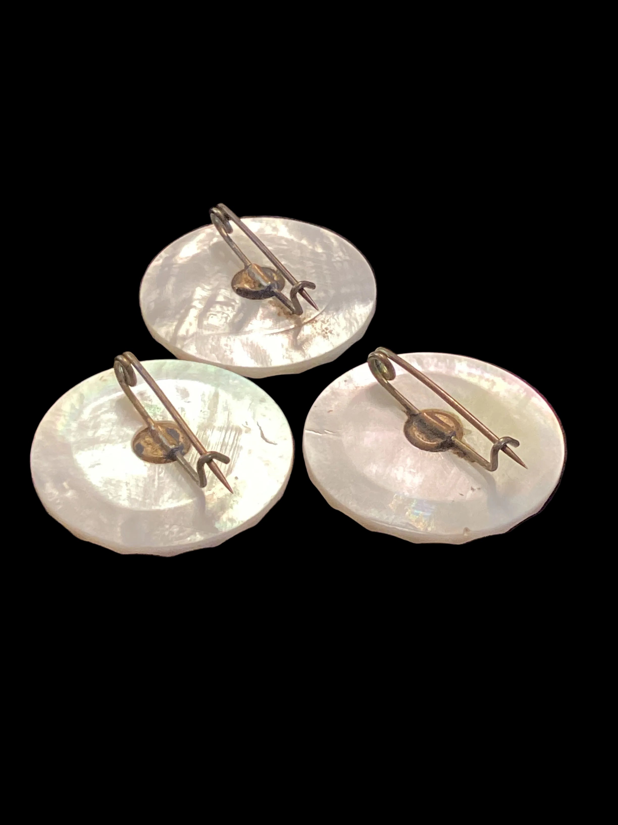 Antique Carved Mother of Pearl Sweetheart Pins Set of 3 Star Pattern Scalloped Edge C-Clasp Pre-1910