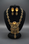 Antique Art Deco Brass Filigree Citrine Glass Necklace & Earrings Set