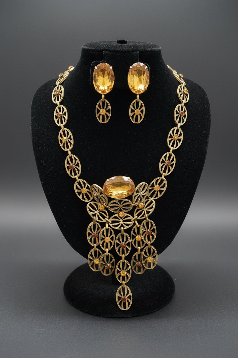 Antique Art Deco Brass Filigree Citrine Glass Necklace & Earrings Set