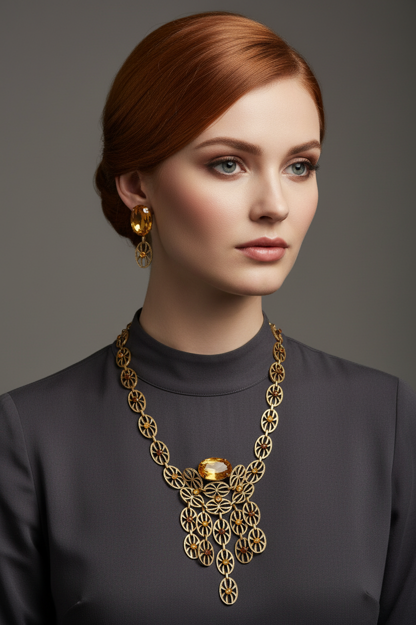 Antique Art Deco Brass Filigree Citrine Glass Necklace & Earrings Set