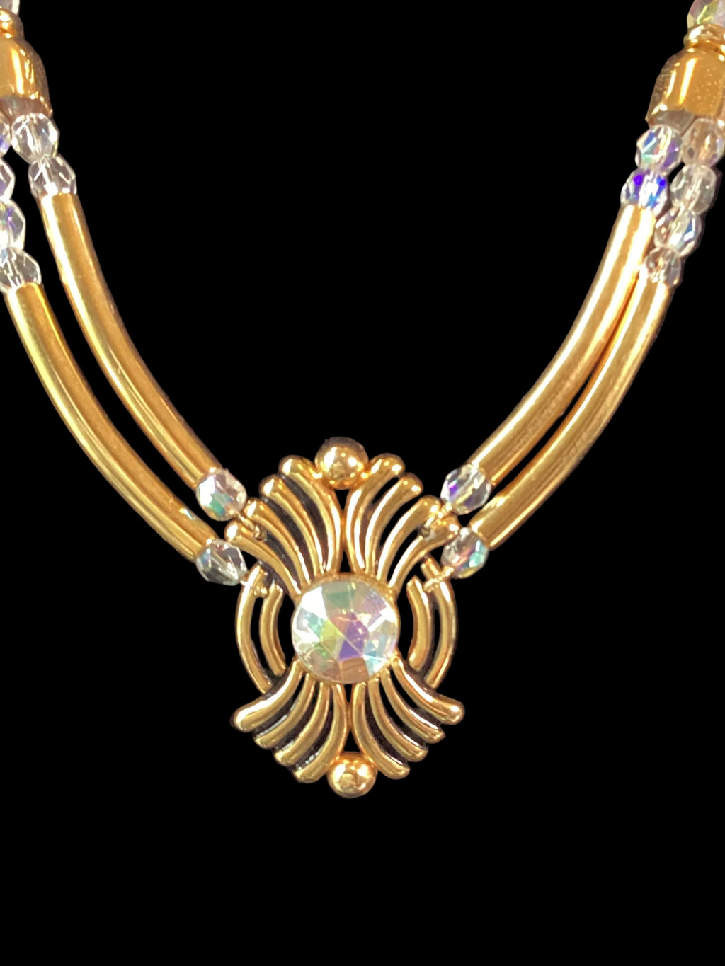 Laure de Gazaillan Paris Statement 1980’s Runway Couture Parure – Gold-Tone Double Gas-Pipe Necklace & Clip-On Earrings