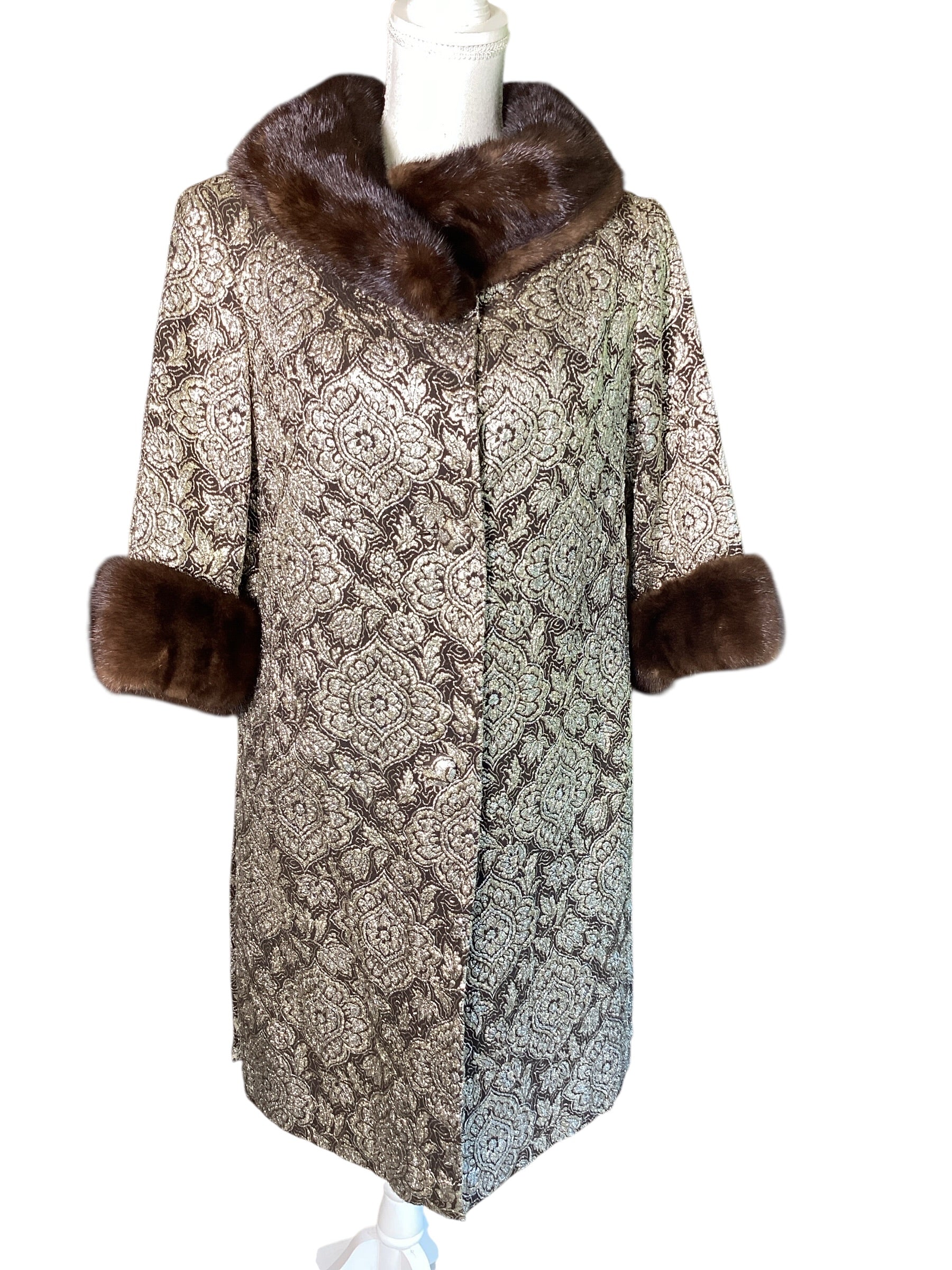 Vintage 1960s Custom Couture Brocade Shift Coat, Mahogany Mink Fur Collar & Cuffs