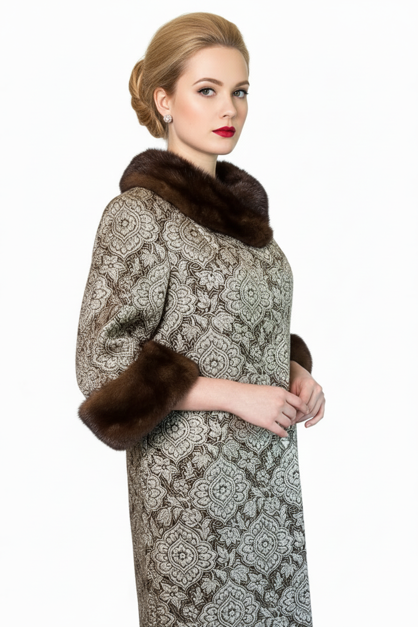 Vintage 1960s Custom Couture Brocade Shift Coat, Mahogany Mink Fur Collar & Cuffs