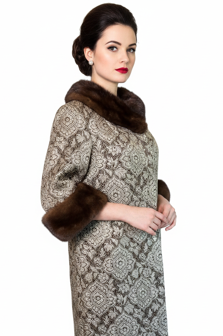 Vintage 1960s Custom Couture Brocade Shift Coat, Mahogany Mink Fur Collar & Cuffs