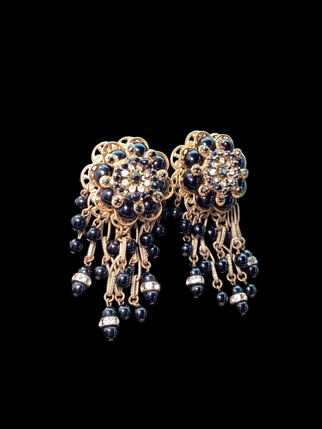 Rare Vintage Stanley Hagler N.Y.C. Jet Black Bead & Crystal Waterfall Earrings