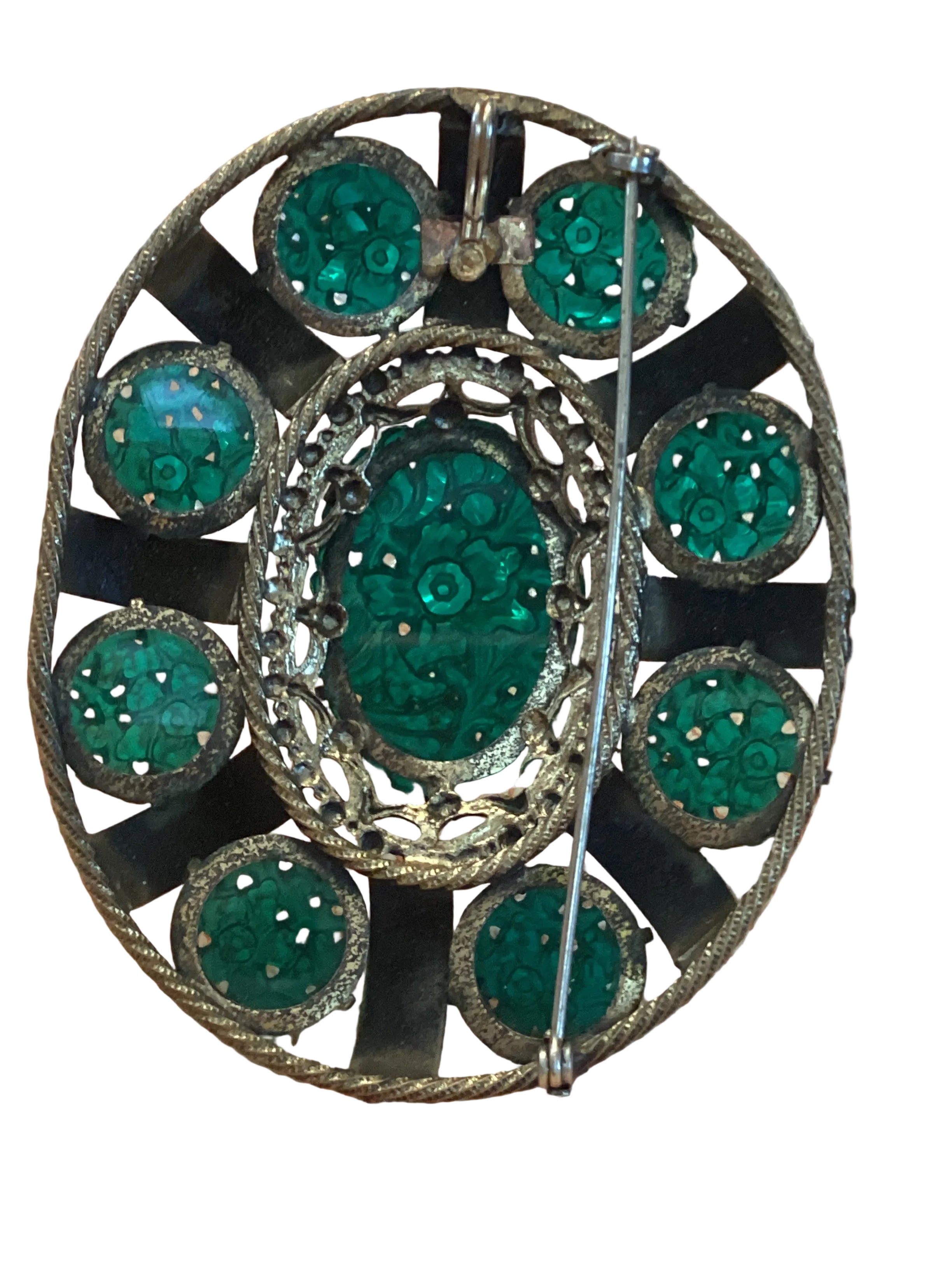 Art Deco Era Green Glass Floral Brooch/Pendant