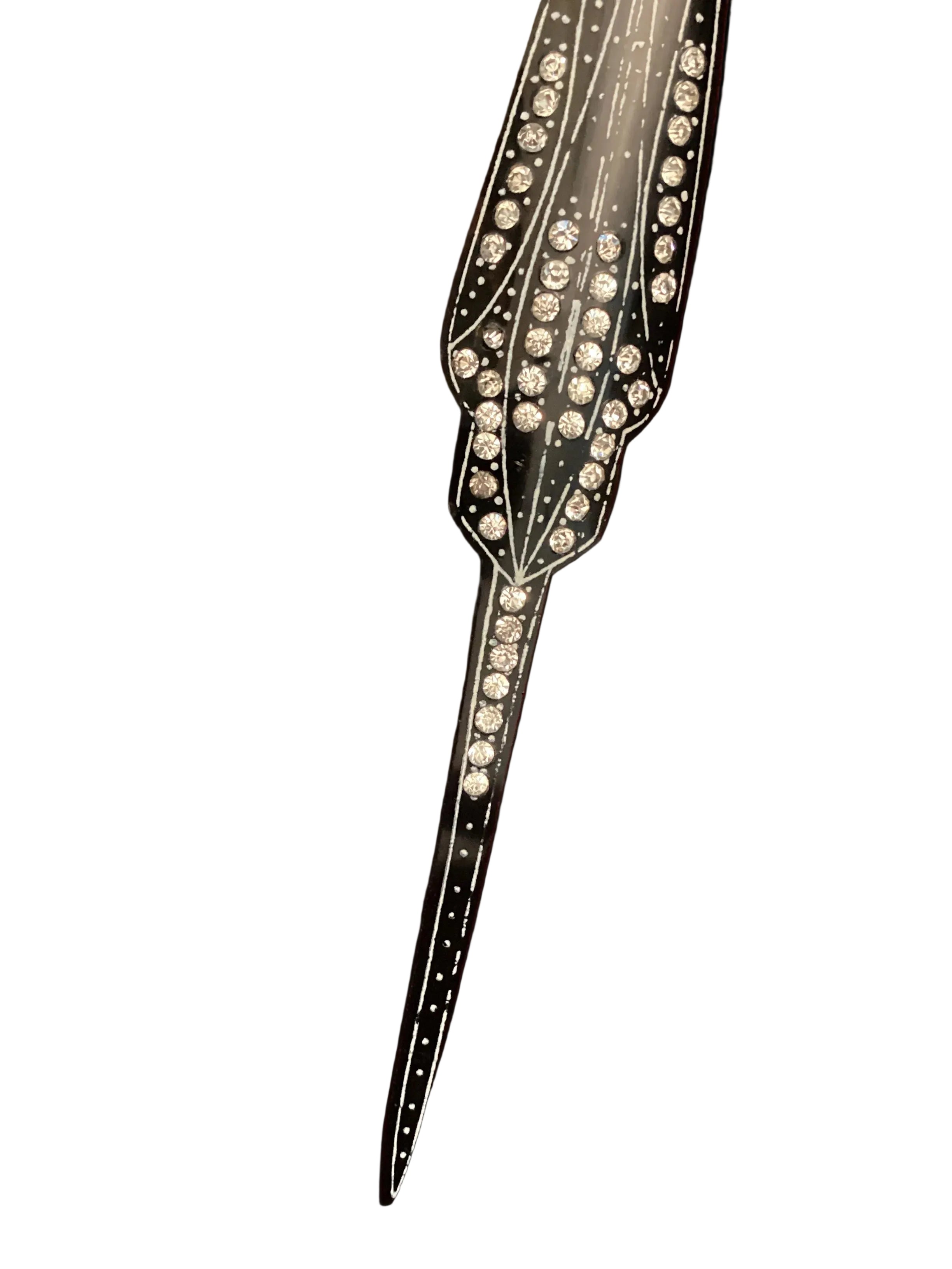 Vintage 1920s Art Deco Black Celluloid Jabot Pin - Elongated Geometric Bar Brooch with Rhinestones