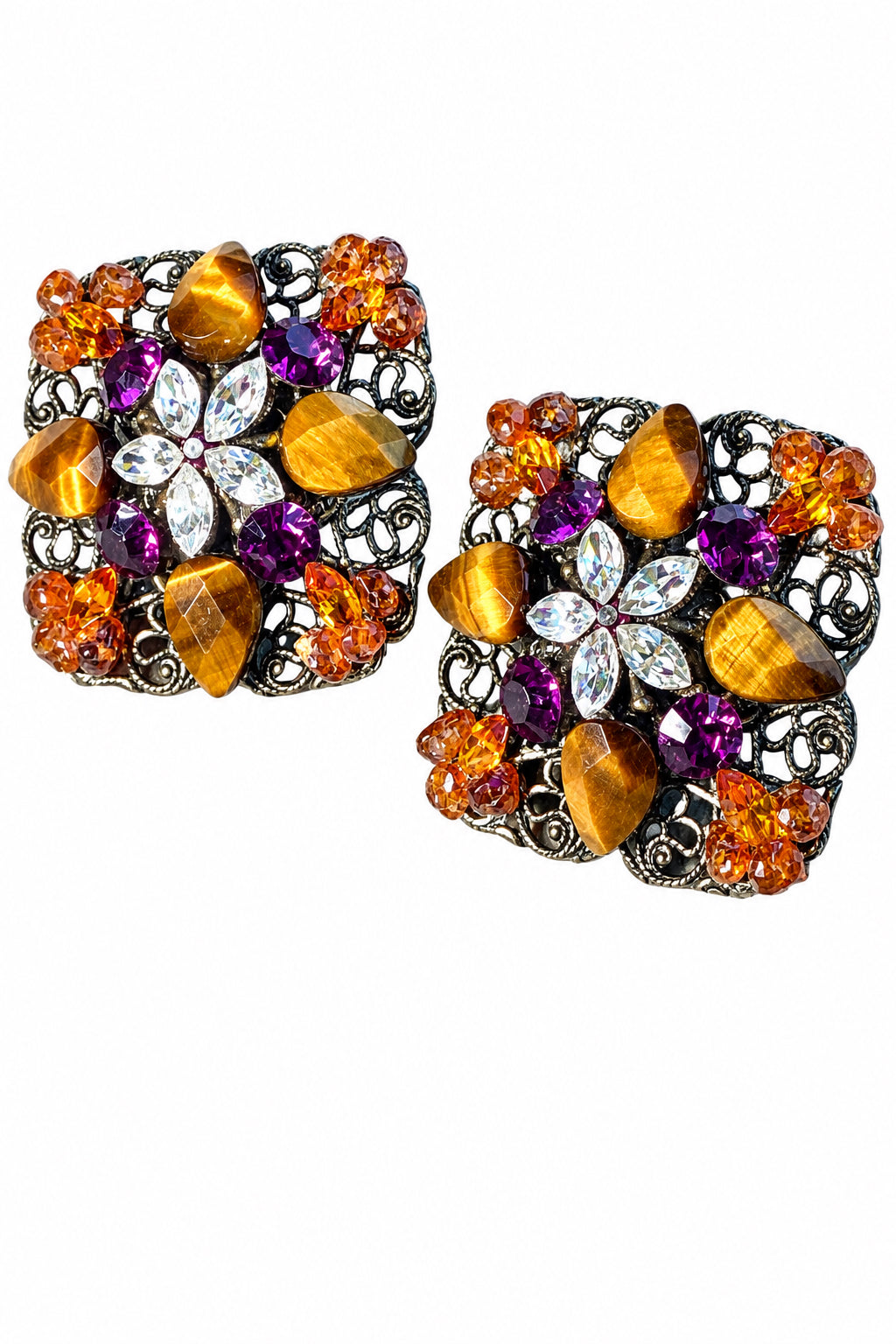Signed Maya Evangelista Tiger Eye Maltese Cross Brooch & Clip Earrings Set