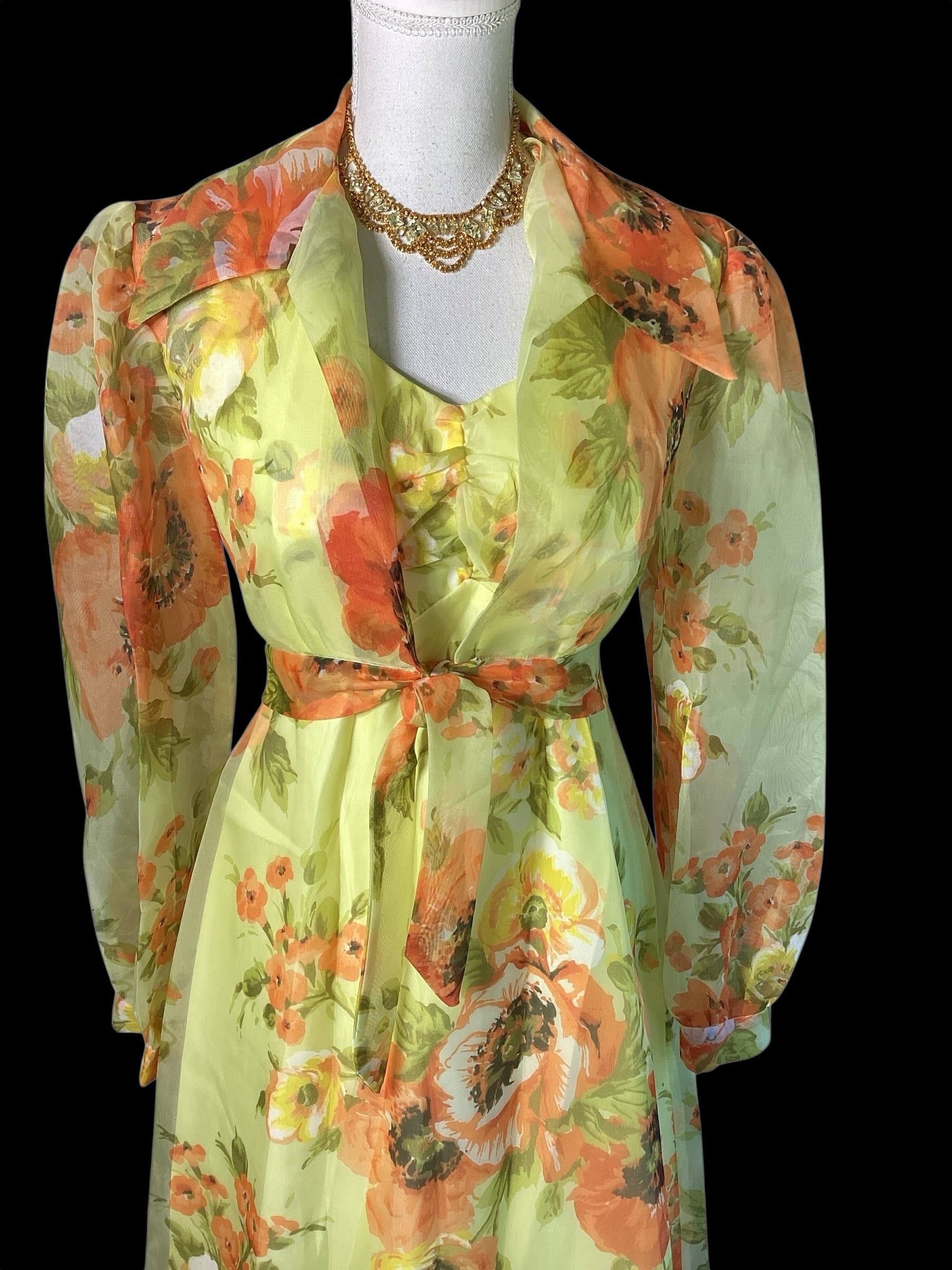 Vintage 1970s Floral Chiffon Maxi Dress | Sheer Bishop Sleeve Boho Prairie Gown