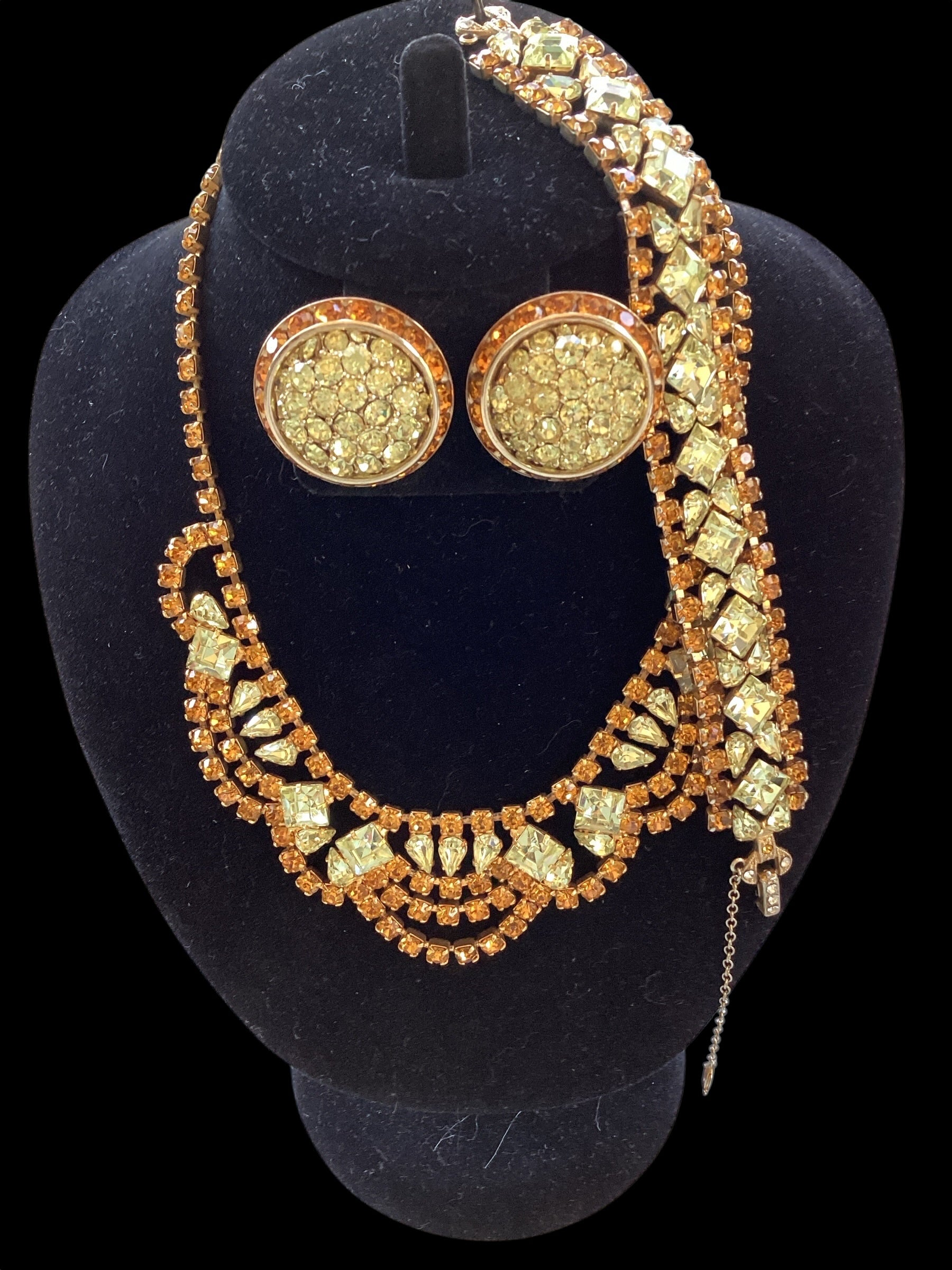 Vintage 1950s CORO Signed Rhinestone Parure Set - Amber Gold-Citrine. Necklace, Bracelet, Clip-on Earrings