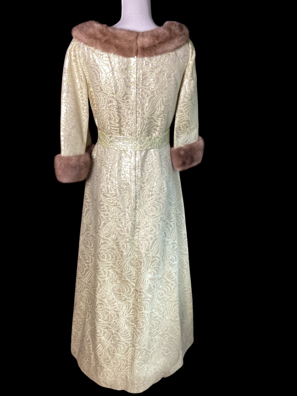 Vintage 1960s Malouf Design Perfect Negligee Hostess Gown - Pale Lime & Gold Metallic Brocade Lamé
with Pristine Mink Fur Portrait Collar & Cuffs