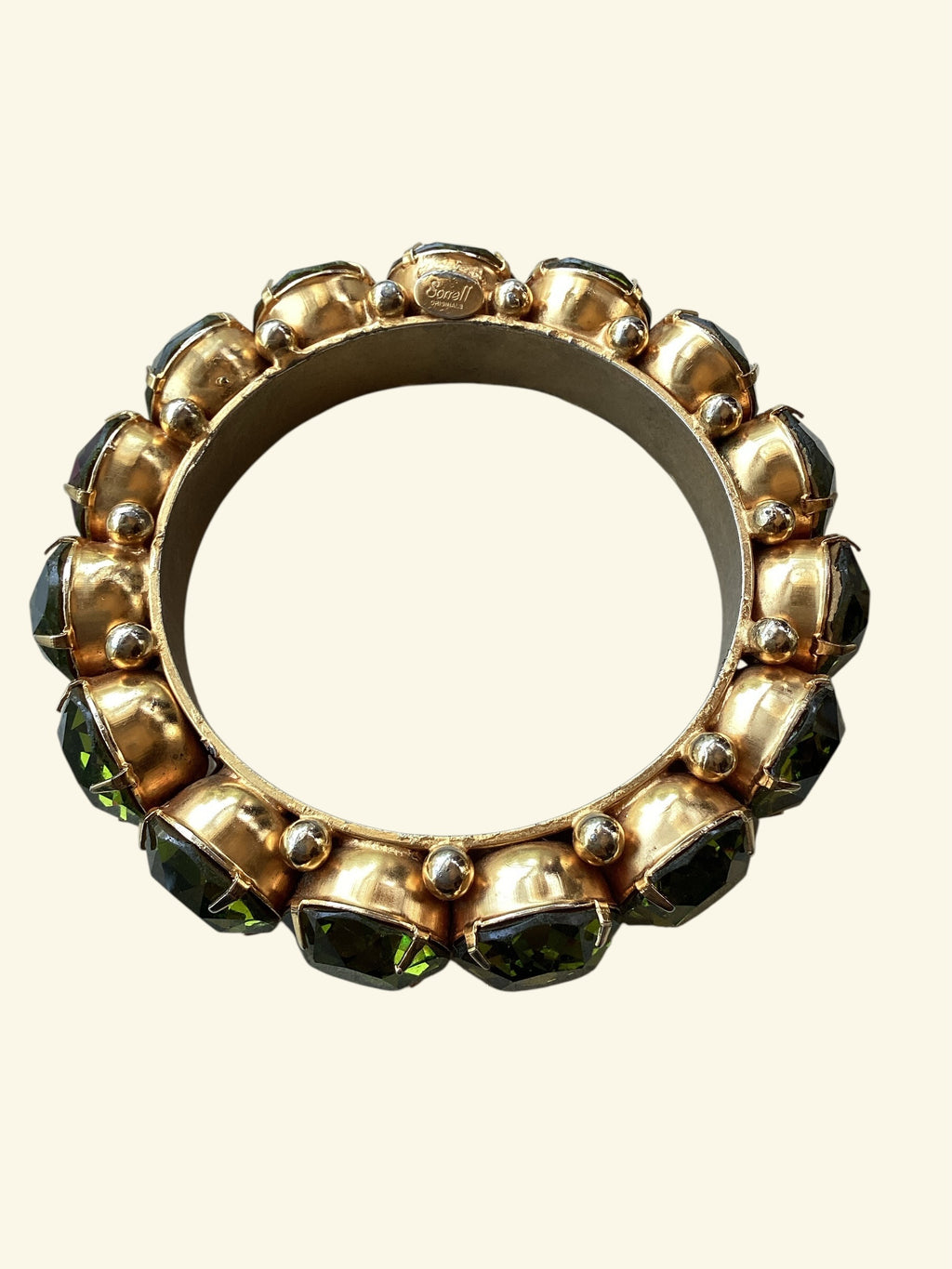 Rare Robert Sorrell Originals Couture Statement Bangle Bracelet - Massive Prismatic Olivine Crystals in 
Ornate Gold-Tone