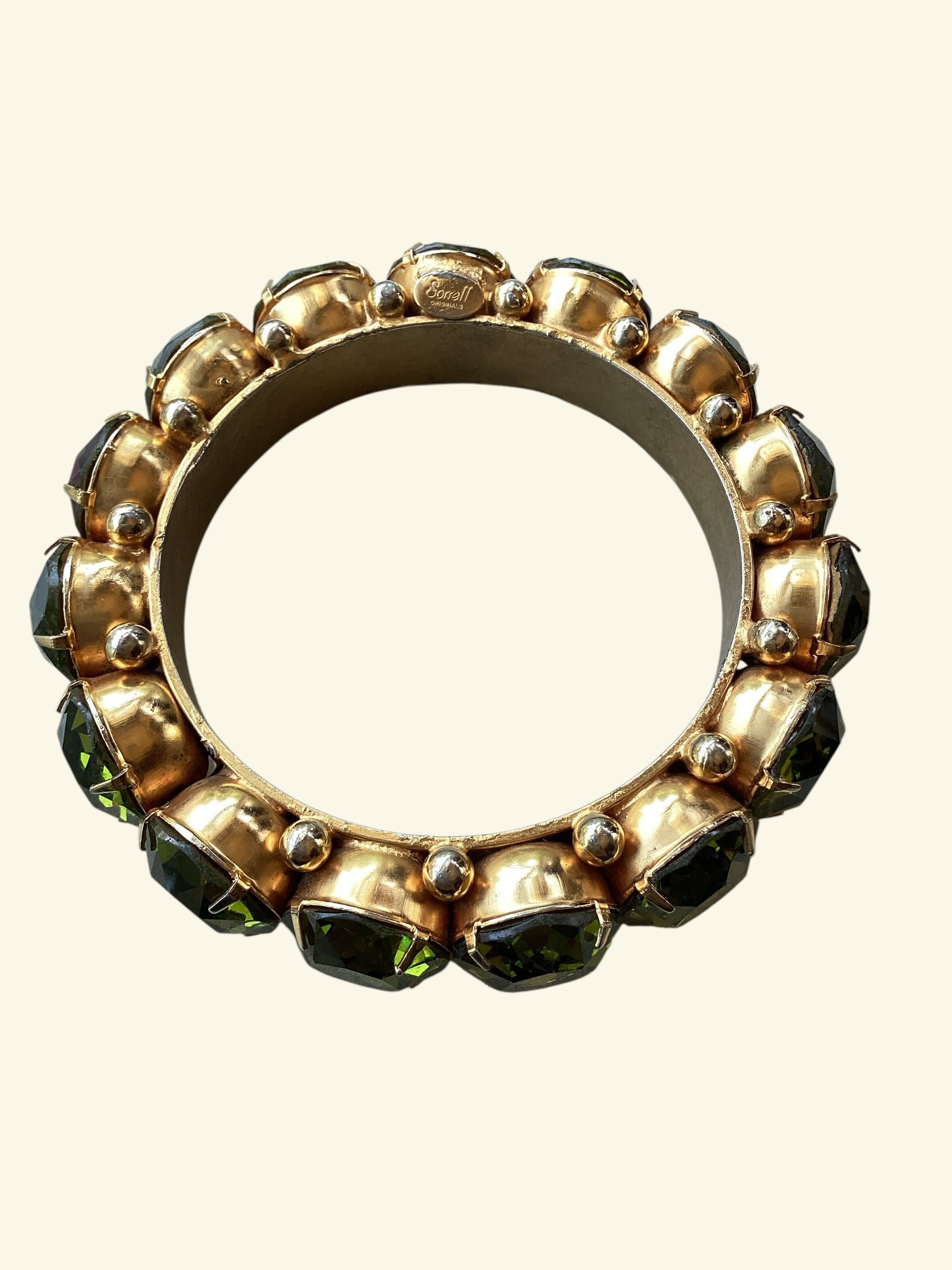 Rare Robert Sorrell Originals Couture Statement Bangle Bracelet - Massive Prismatic Olivine Crystals in 
Ornate Gold-Tone