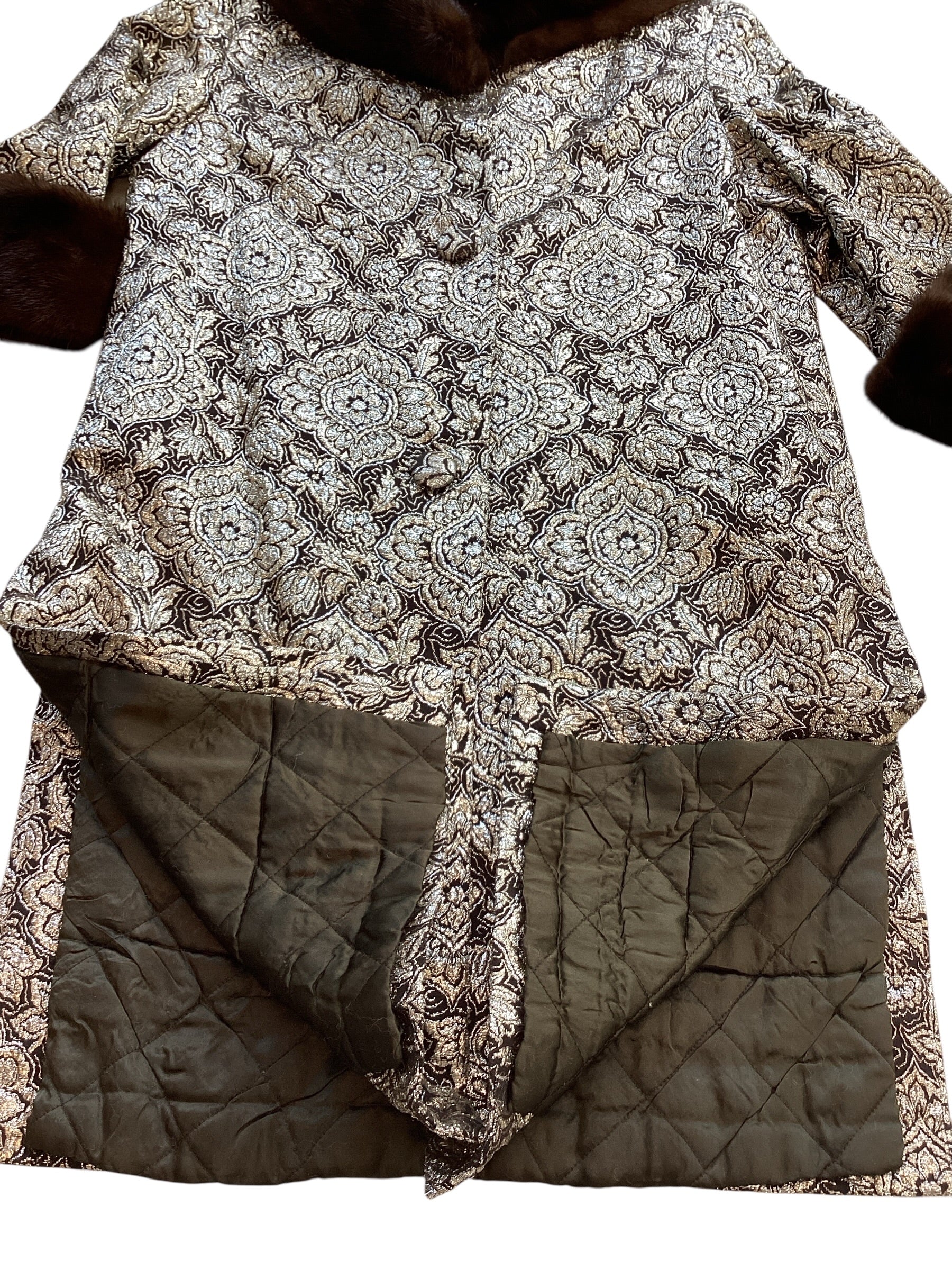Vintage 1960s Custom Couture Brocade Shift Coat, Mahogany Mink Fur Collar & Cuffs