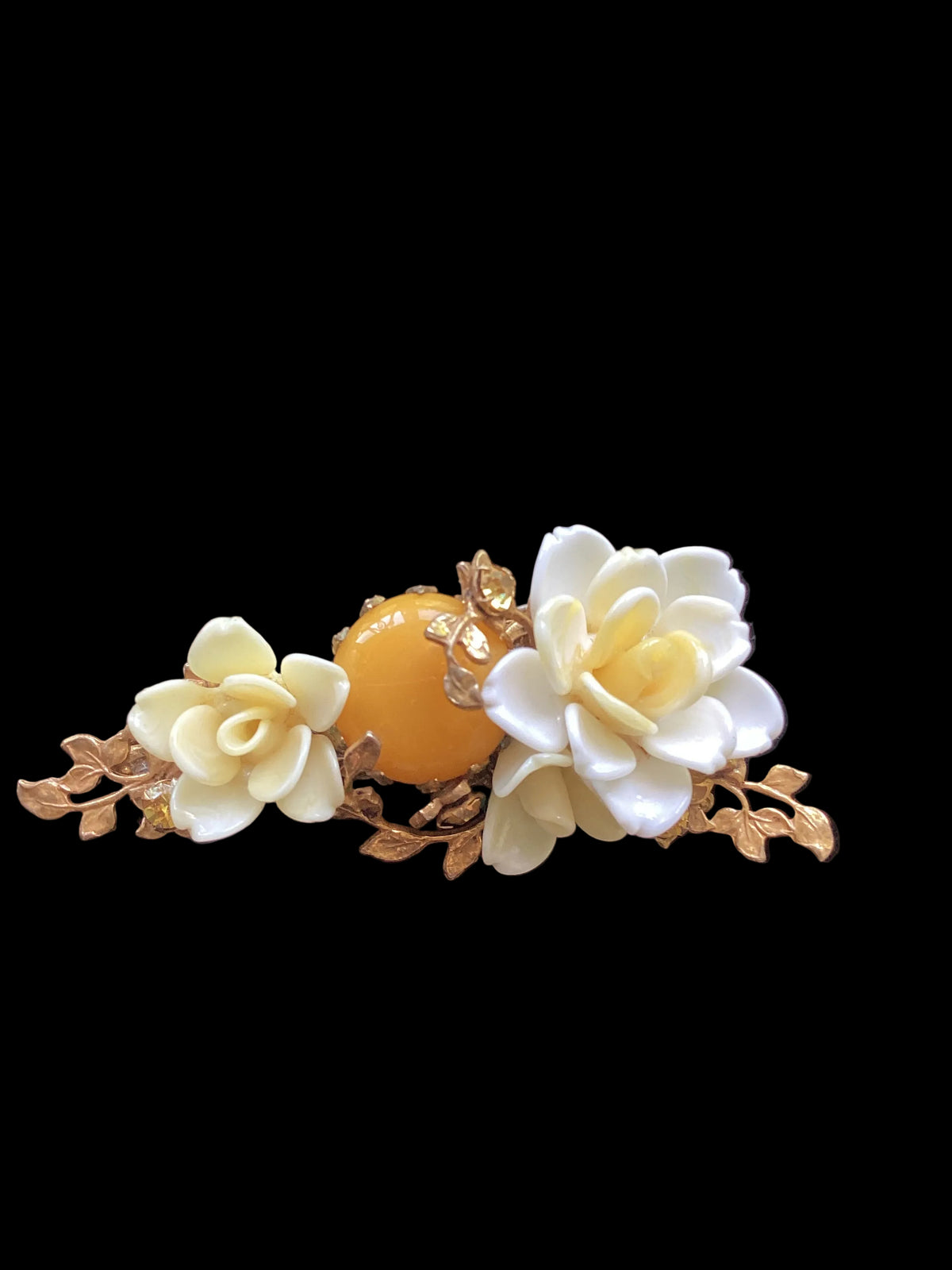 Vintage Miriam Haskell Rose & Butterscotch Cabochon Glass Brooch