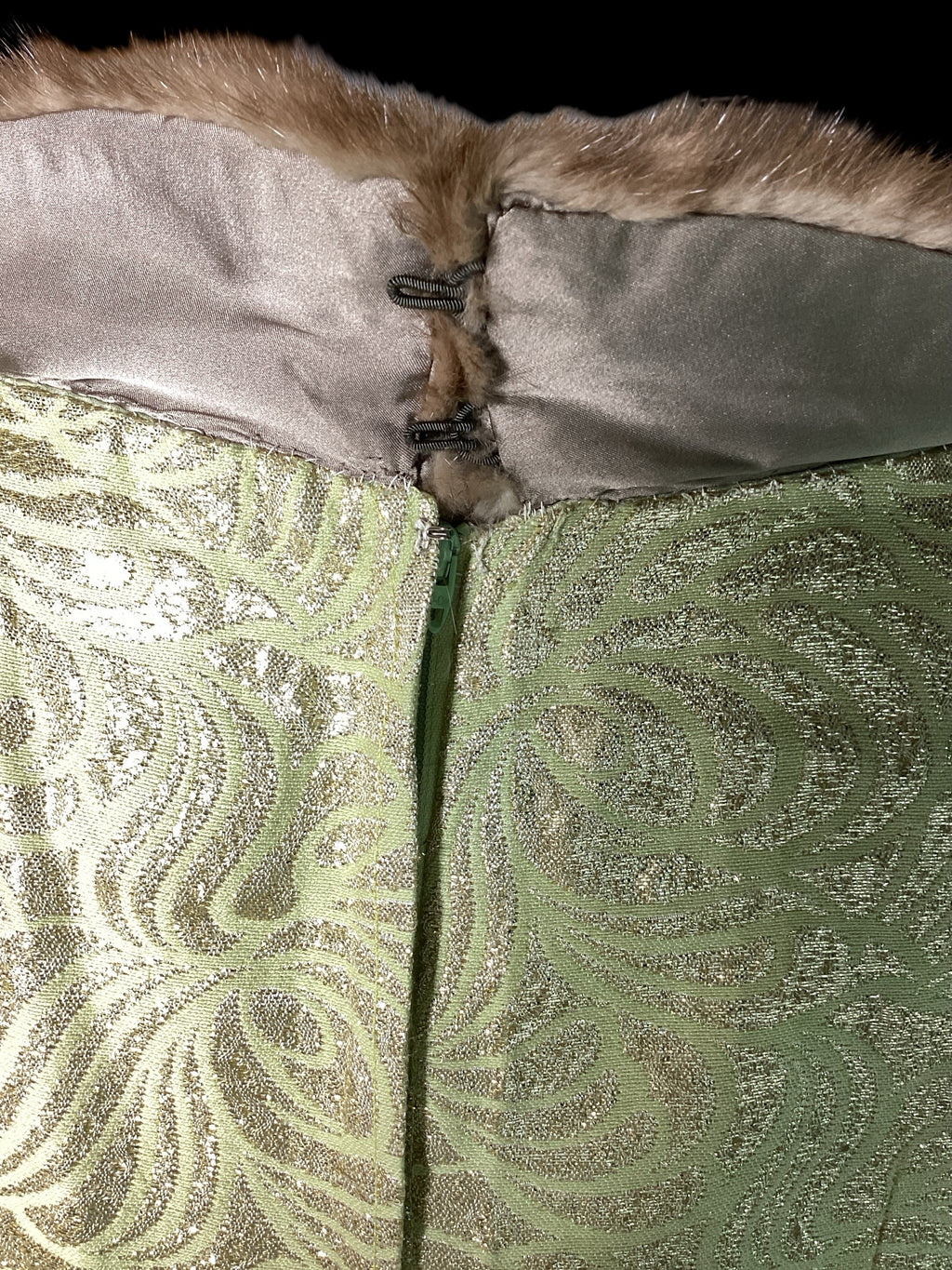 Vintage 1960s Malouf Design Perfect Negligee Hostess Gown - Pale Lime & Gold Metallic Brocade Lamé
with Pristine Mink Fur Portrait Collar & Cuffs