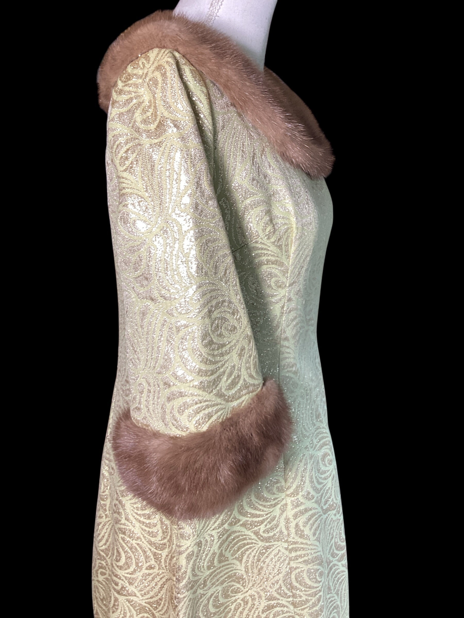 Vintage 1960s Malouf Design Perfect Negligee Hostess Gown - Pale Lime & Gold Metallic Brocade Lamé
with Pristine Mink Fur Portrait Collar & Cuffs