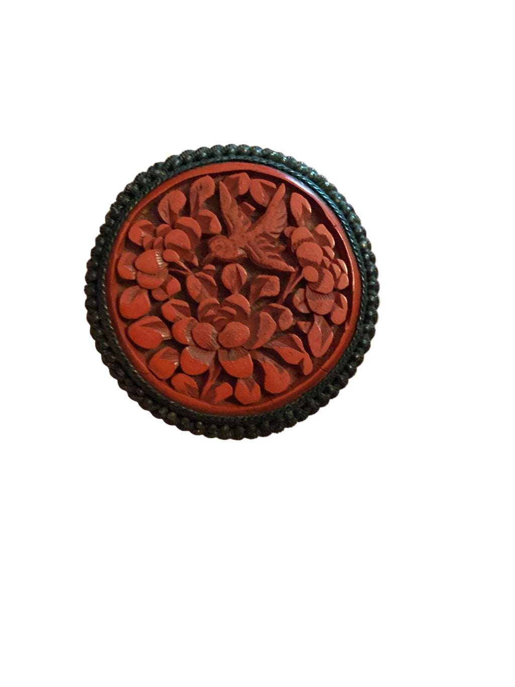Antique 1920s Chinese Export Carved Cinnabar Dress/Fur Clip, Art Deco Bird & Peony Flower