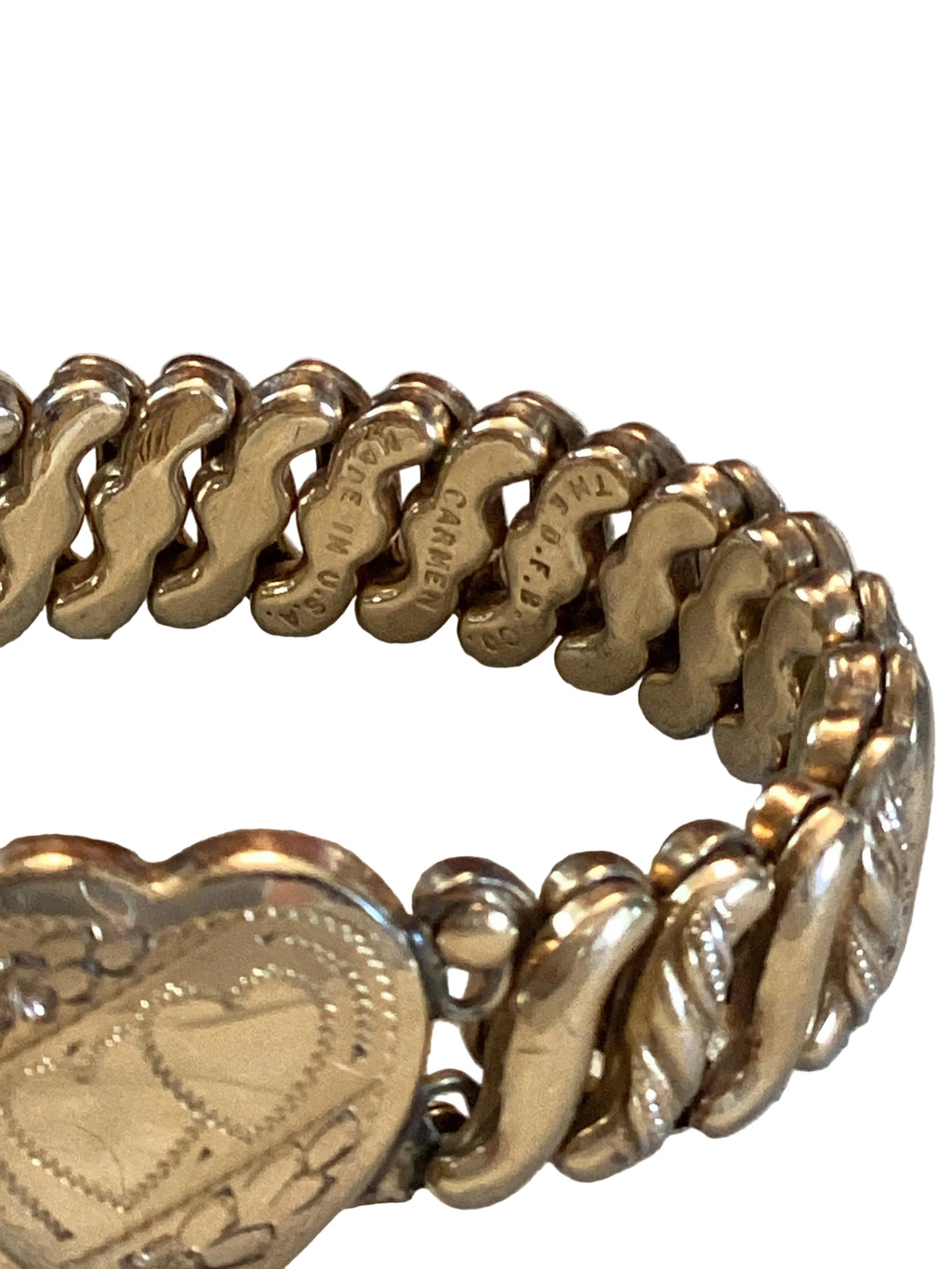 WW1 Era
Antique D.F.Briggs Co. Carmen Sweetheart Expansion Bracelet Gold Filled Double Heart Circa 1903-1922