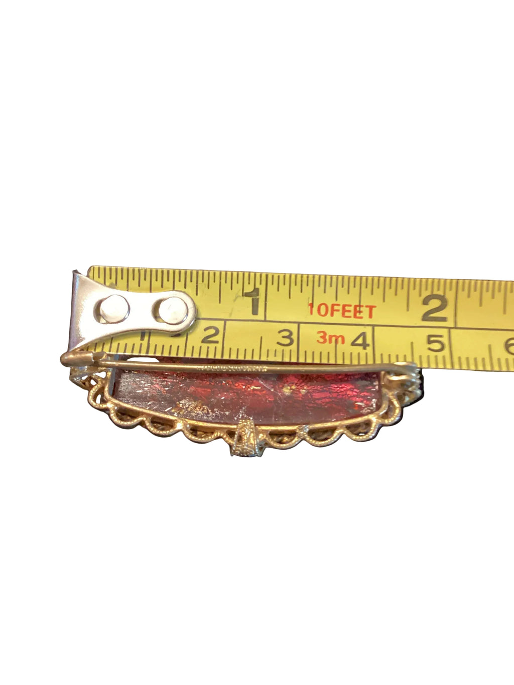 Circa 1880 Antique Victorian Bohemian Flamed Glass Brooch, Gilt Filigree Open Hook Pin