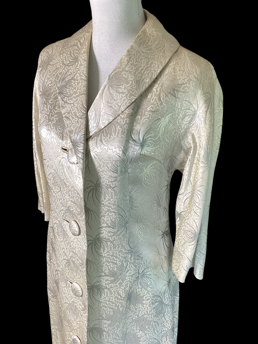 Pristine Vintage 1960s Metallic Silver & Ivory Silk Brocade Floor-Length Opera/Evening Coat