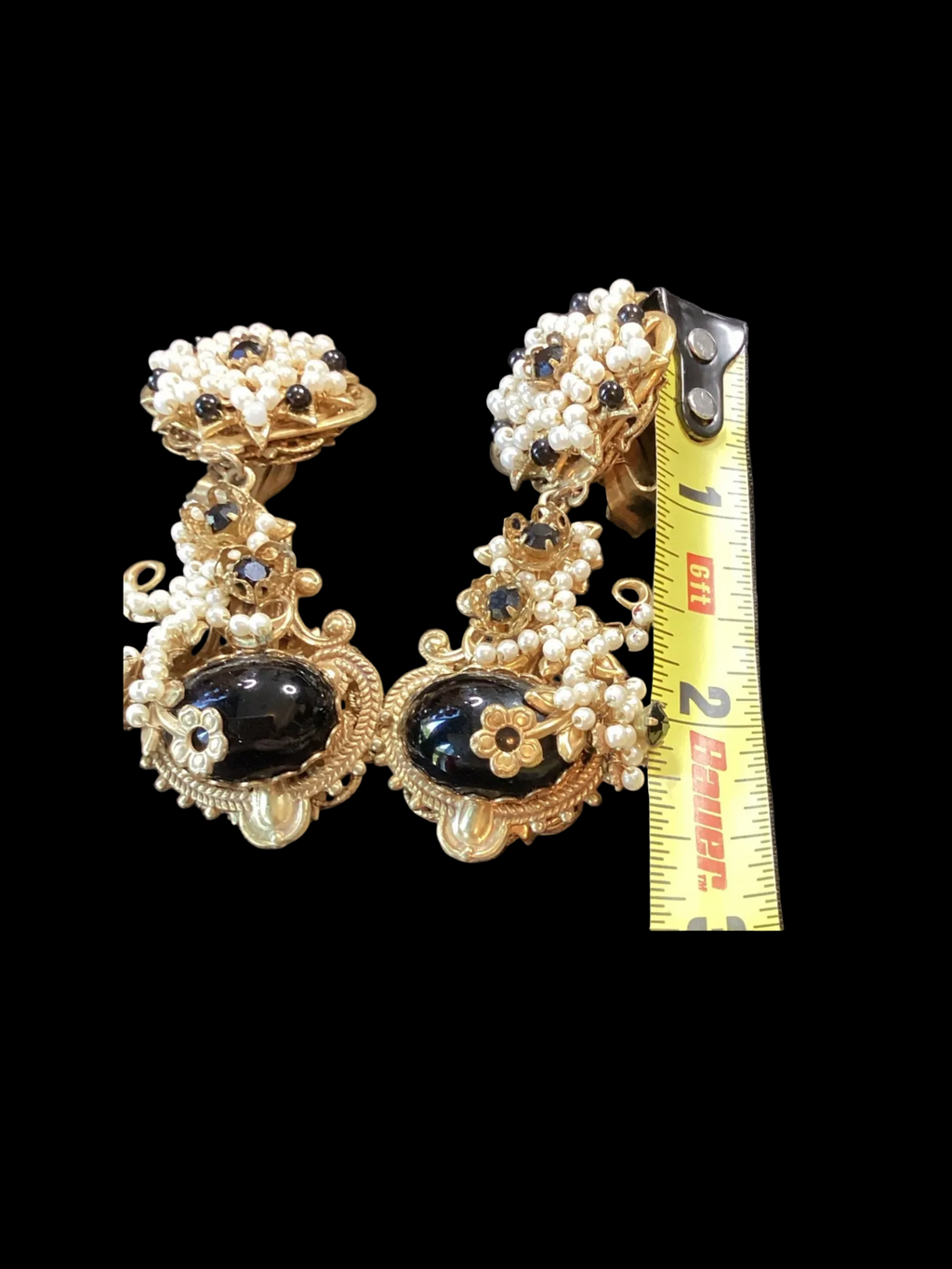 Rare Vintage Stanley Hagler Black Cabochon & Pearl Clip Earrings